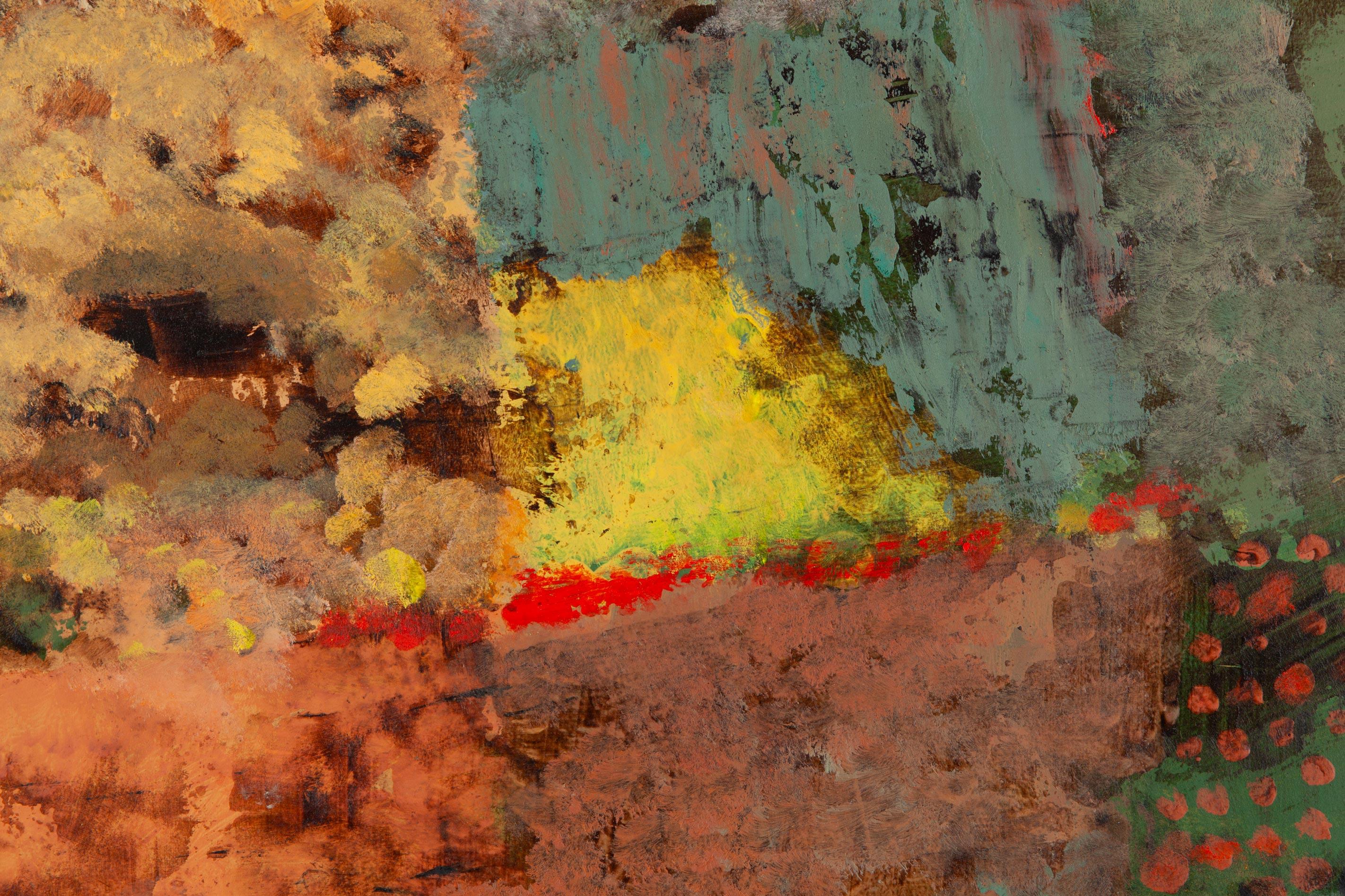 Paysage avec des arbres à feuilles persistantes - Marron Landscape Painting par Mark English