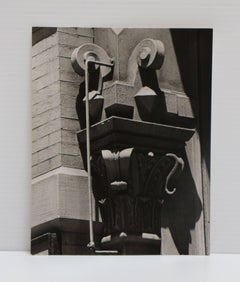 untitled, black and white photograph of a capital on a New York City column