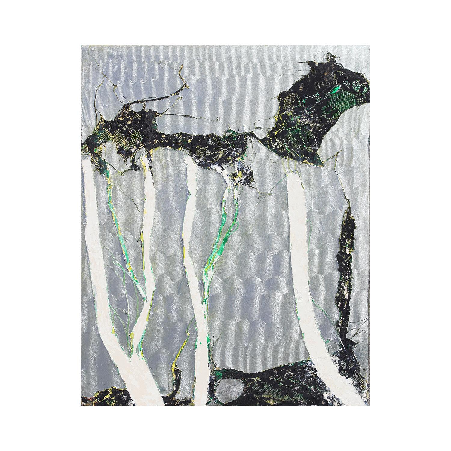 “Alamo Square” Modern Silver, Black, & Green Abstract Landscape Lace Painting - Gray Abstract Painting by Mark Flood