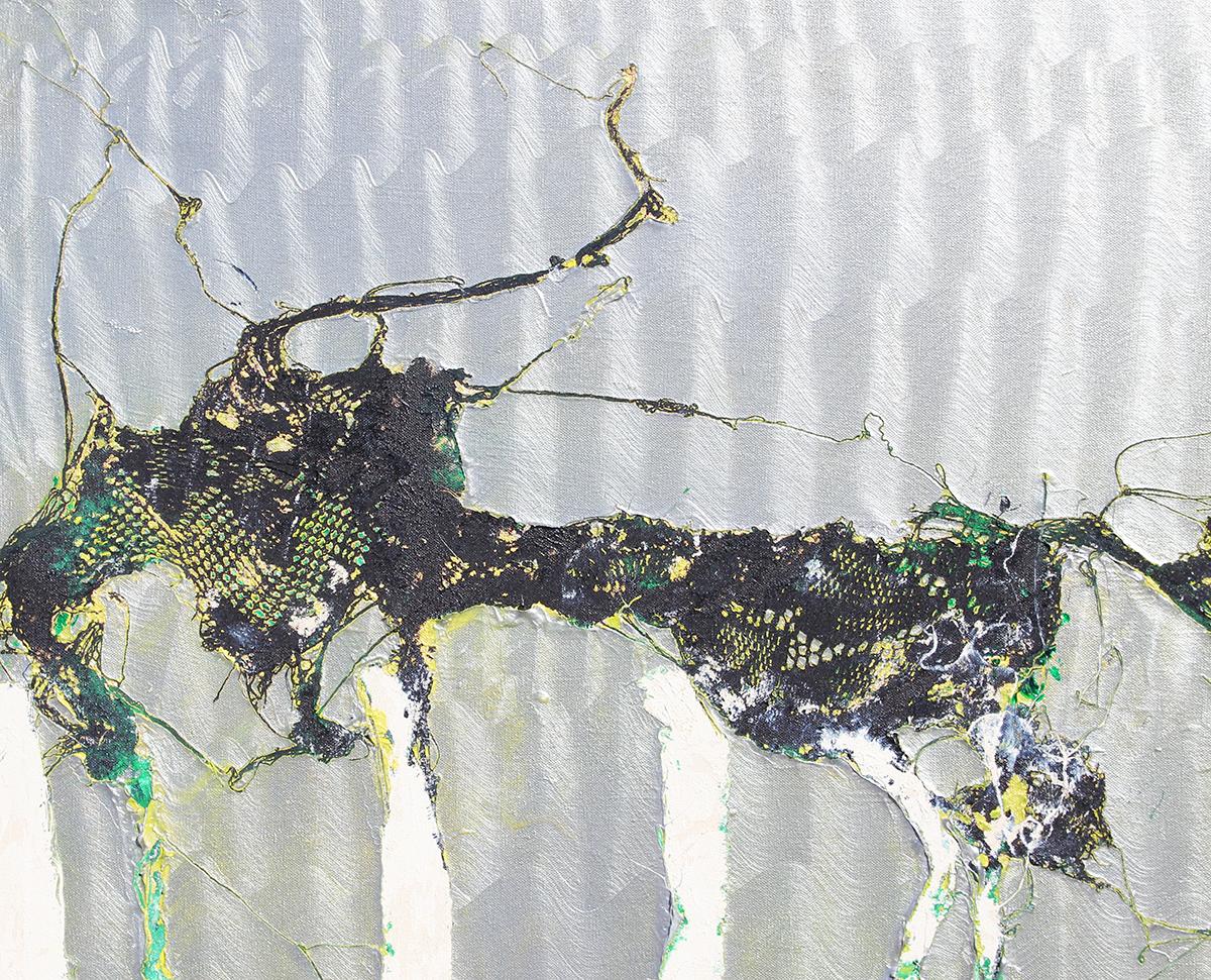 Contemporary textured silver metallic acrylic painting that incorporates black and green tones in a unique lace textured landscape painting of trees by Houston artist Mark Flood. Originally a background element in Flood's pieces, lace eventually