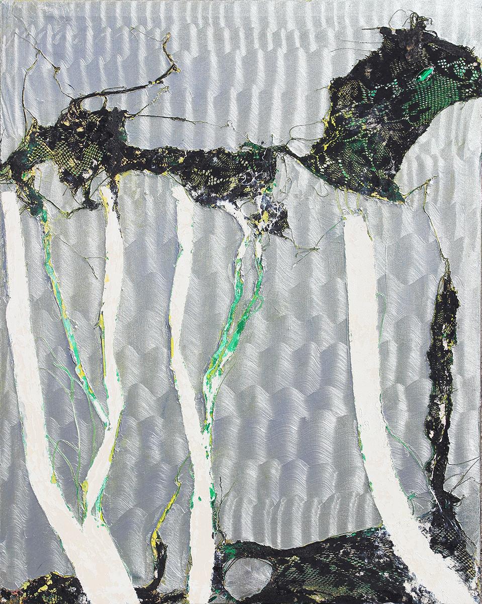 Mark Flood Abstract Painting - “Alamo Square” Modern Silver, Black, & Green Abstract Landscape Lace Painting