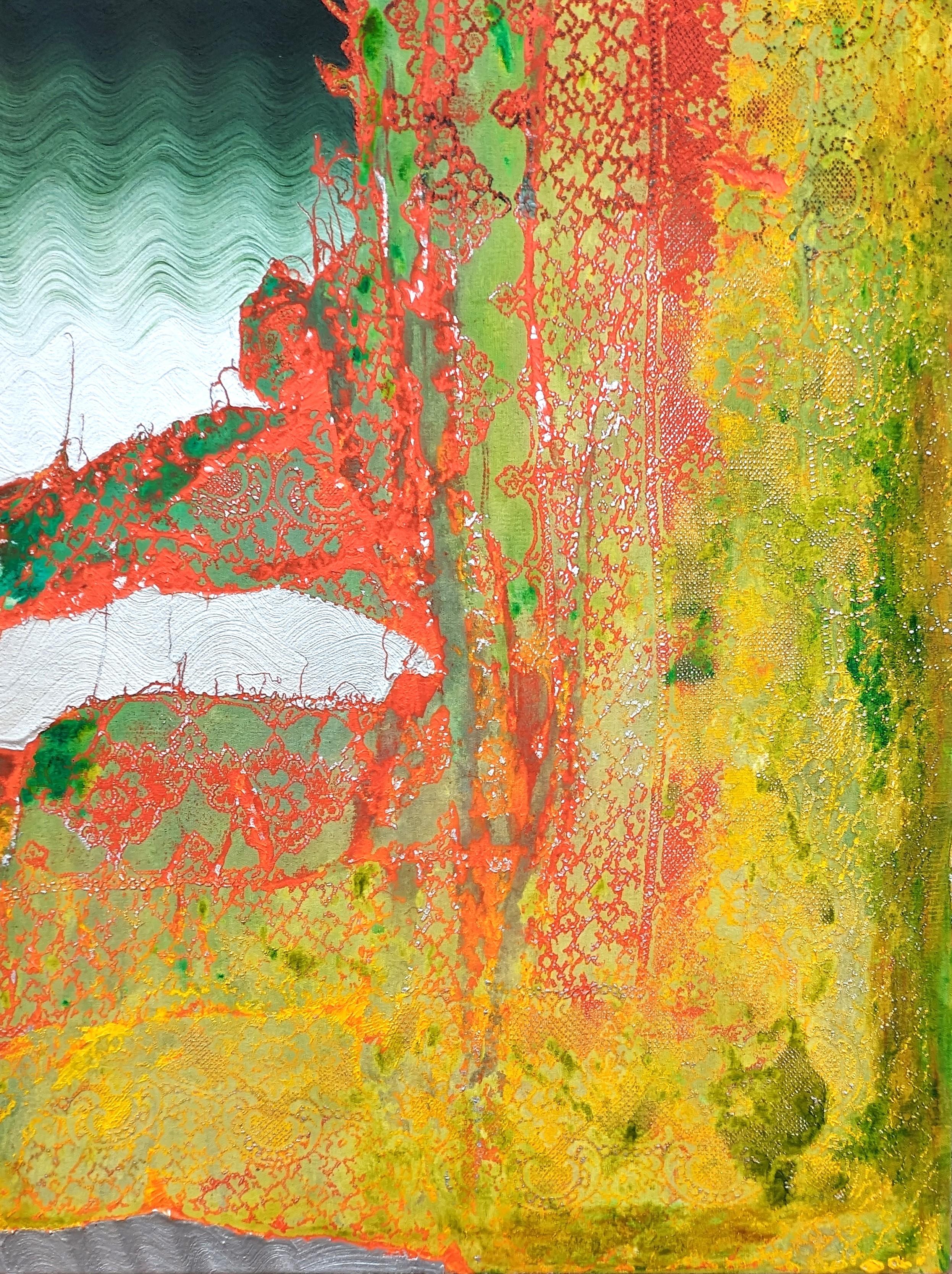 Quadro contemporaneo in acrilico verde, arancione e giallo che utilizza una texture unica di pizzo per creare un paesaggio dell'artista di Houston Mark Flood. Inizialmente elemento di sfondo nelle opere di Flood, il pizzo si è poi evoluto in un