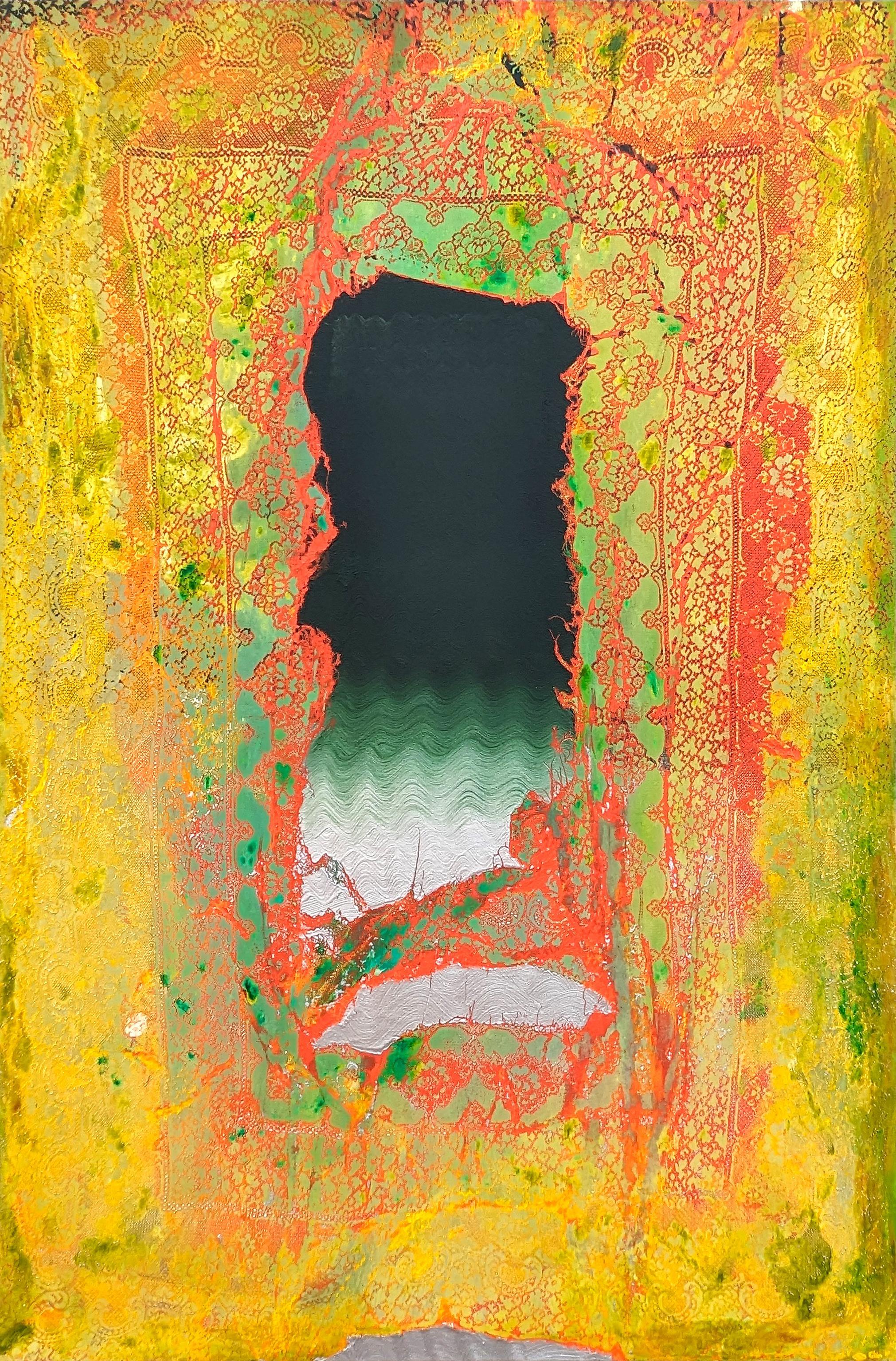 Abstract Painting di Mark Flood - "Ponti di Parigi" Quadro astratto contemporaneo in pizzo verde, arancione e giallo