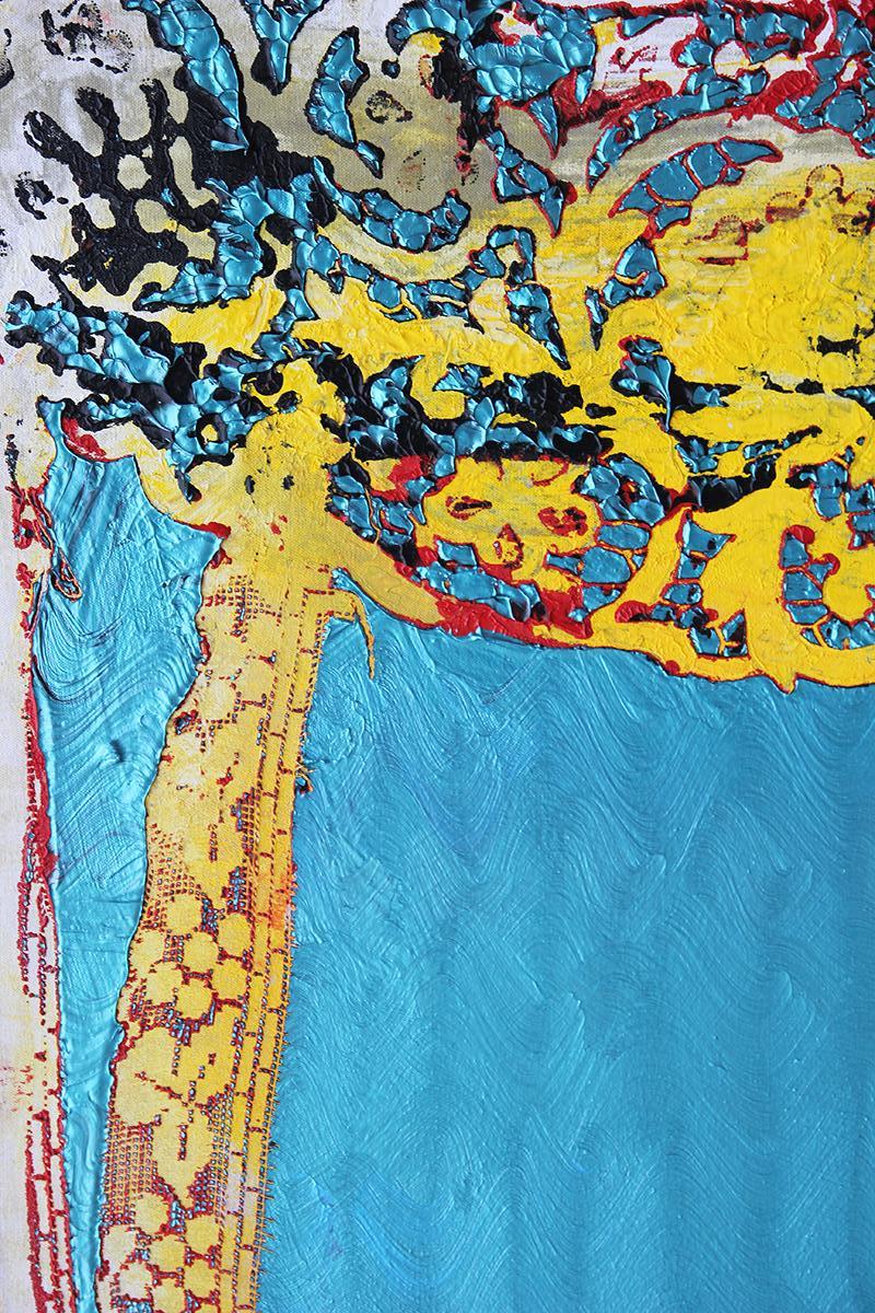 “Concert by the Lake”Contemporary Teal & Yellow Abstract Landscape Lace Painting 1
