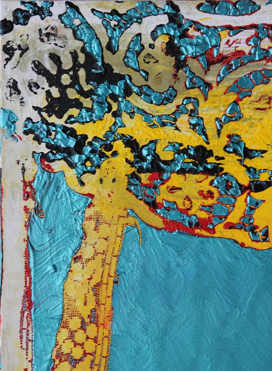 “Concert by the Lake”Contemporary Teal & Yellow Abstract Landscape Lace Painting 3