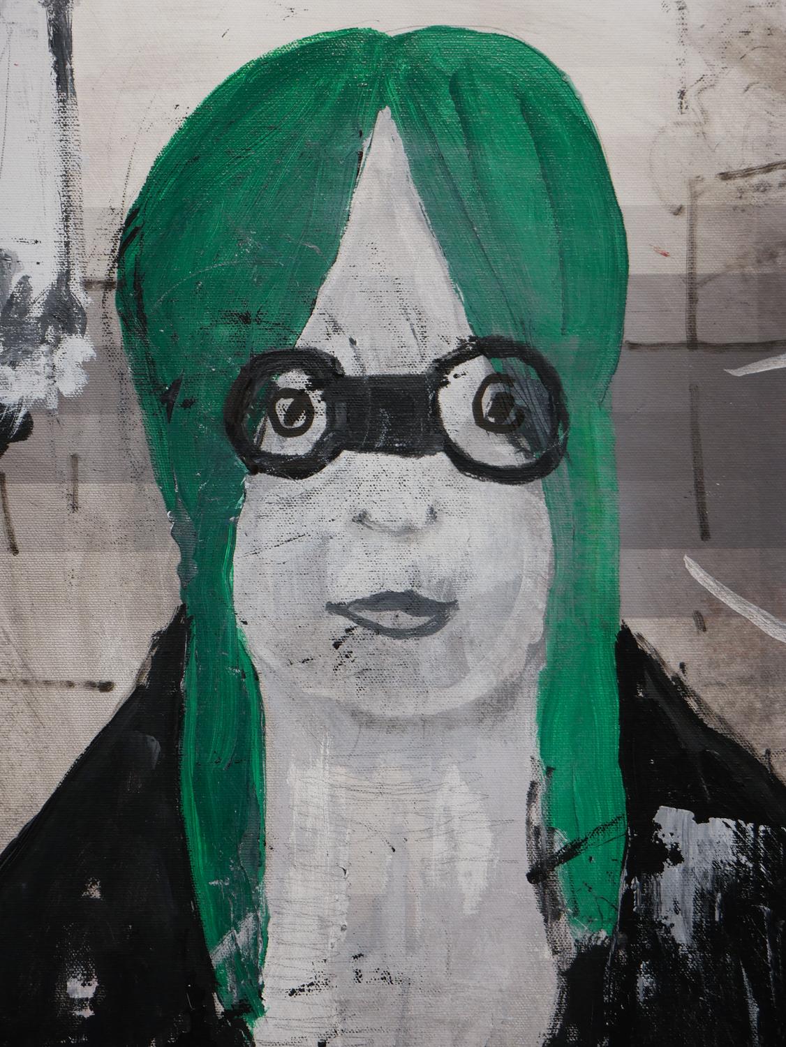 Abstraktes, figuratives Gemälde „Globalistisches Mädchen“ in Schwarz, Grau und Grün – Painting von Mark Flood
