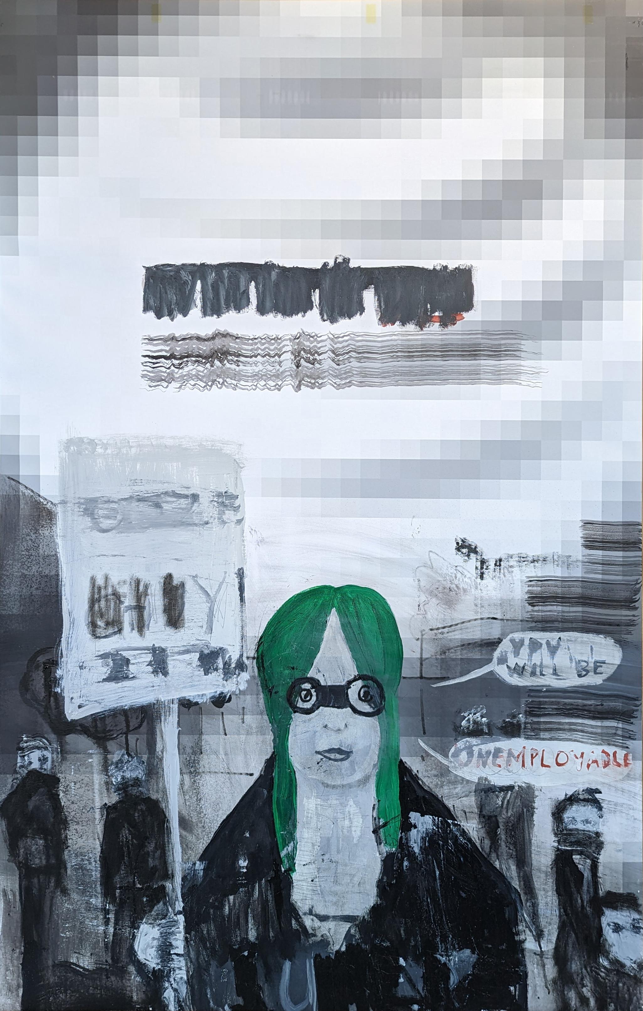 Mark Flood Abstract Painting – Abstraktes, figuratives Gemälde „Globalistisches Mädchen“ in Schwarz, Grau und Grün