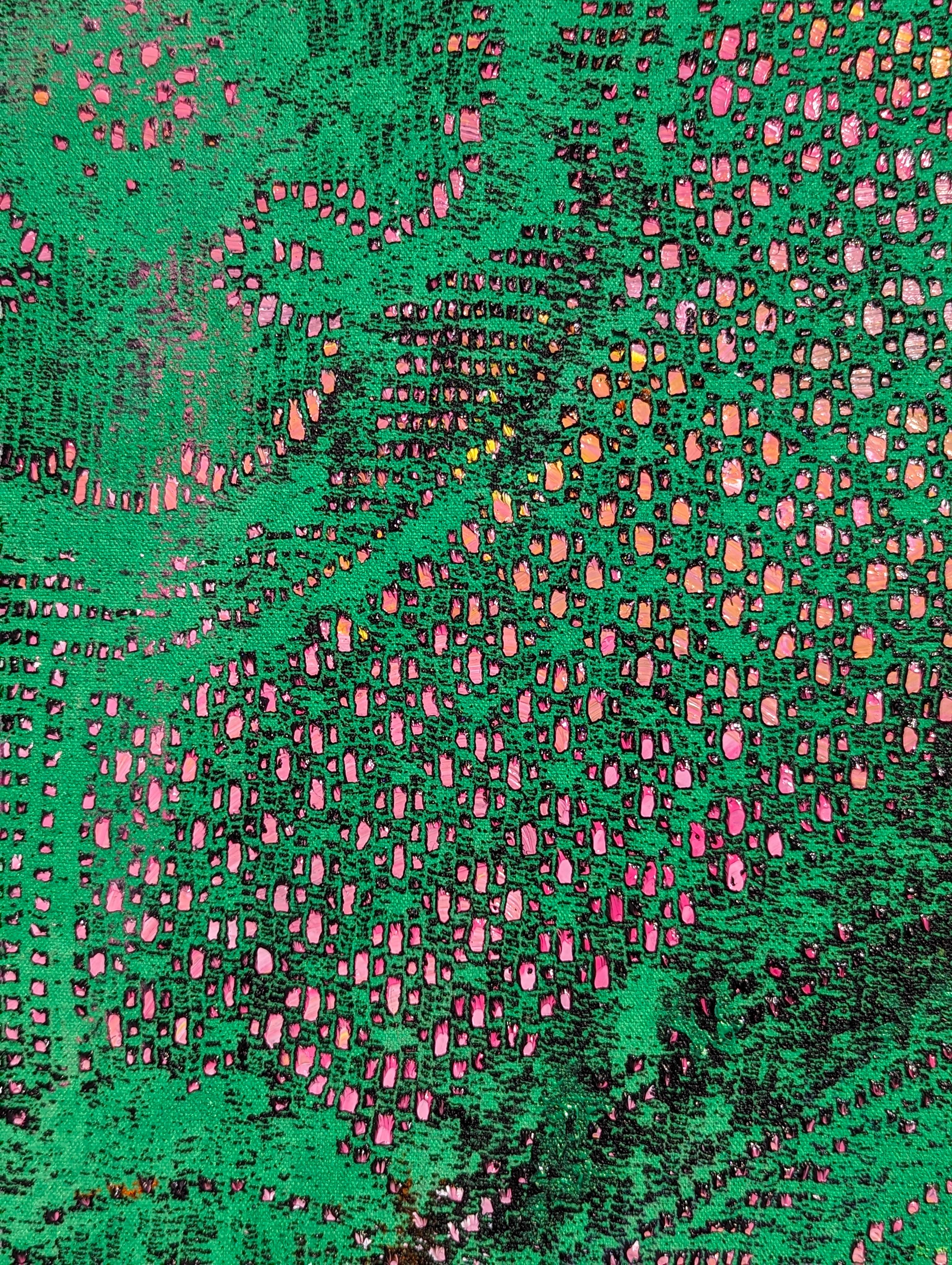 “Green Peacock” Contemporary Green & Pink Abstract Lace Painting For Sale 7