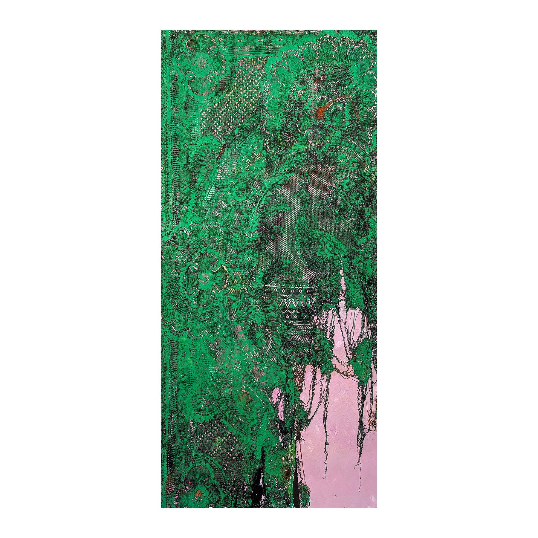 “Green Peacock” Contemporary Green & Pink Abstract Lace Painting - Blue Abstract Painting by Mark Flood