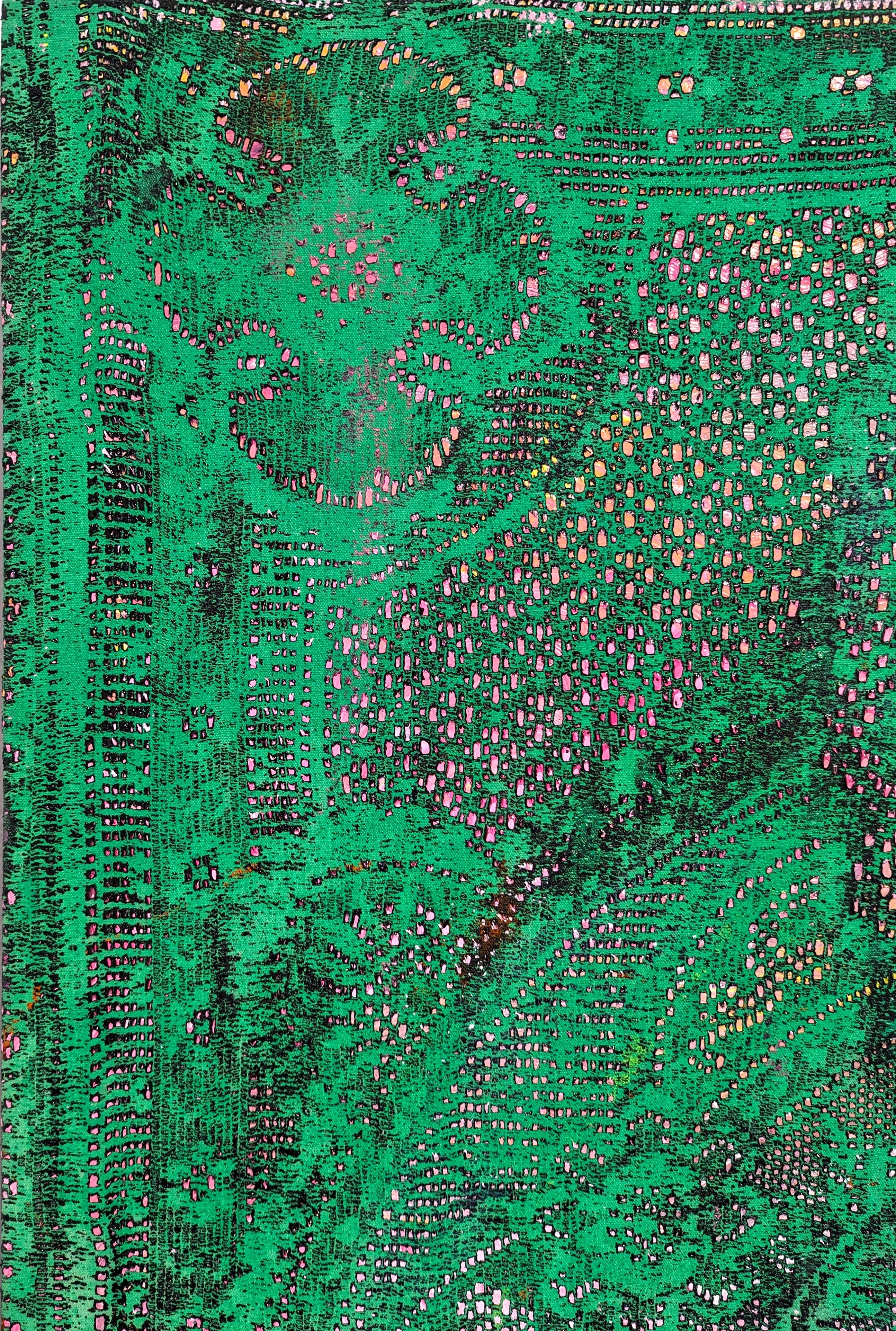 Contemporary green and pink acrylic painting in a unique lace textured peacock by Houston artist Mark Flood. Originally a background element in Flood's pieces, lace eventually evolved into a main motif in his body of work. The piece is signed,