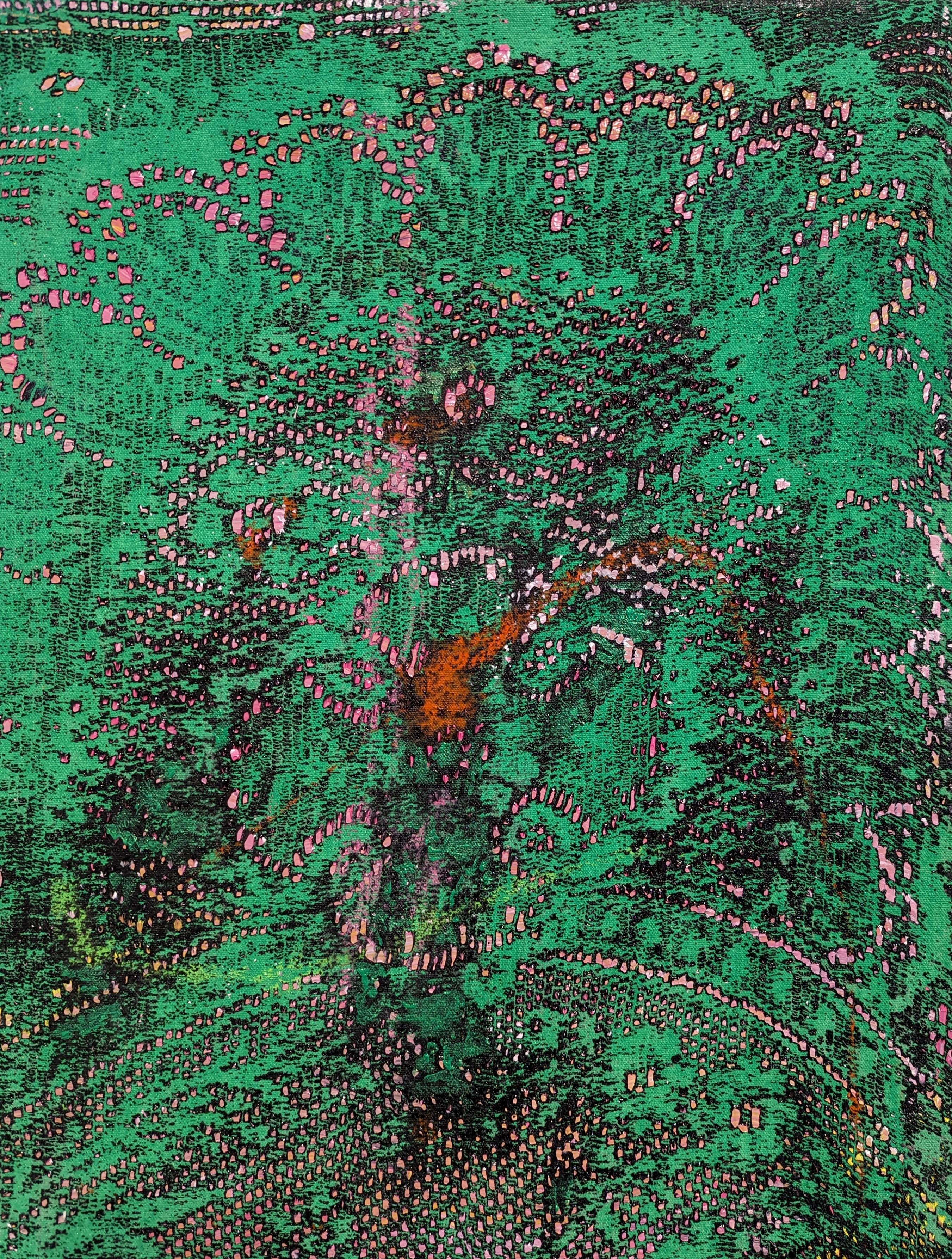 “Green Peacock” Contemporary Green & Pink Abstract Lace Painting For Sale 1