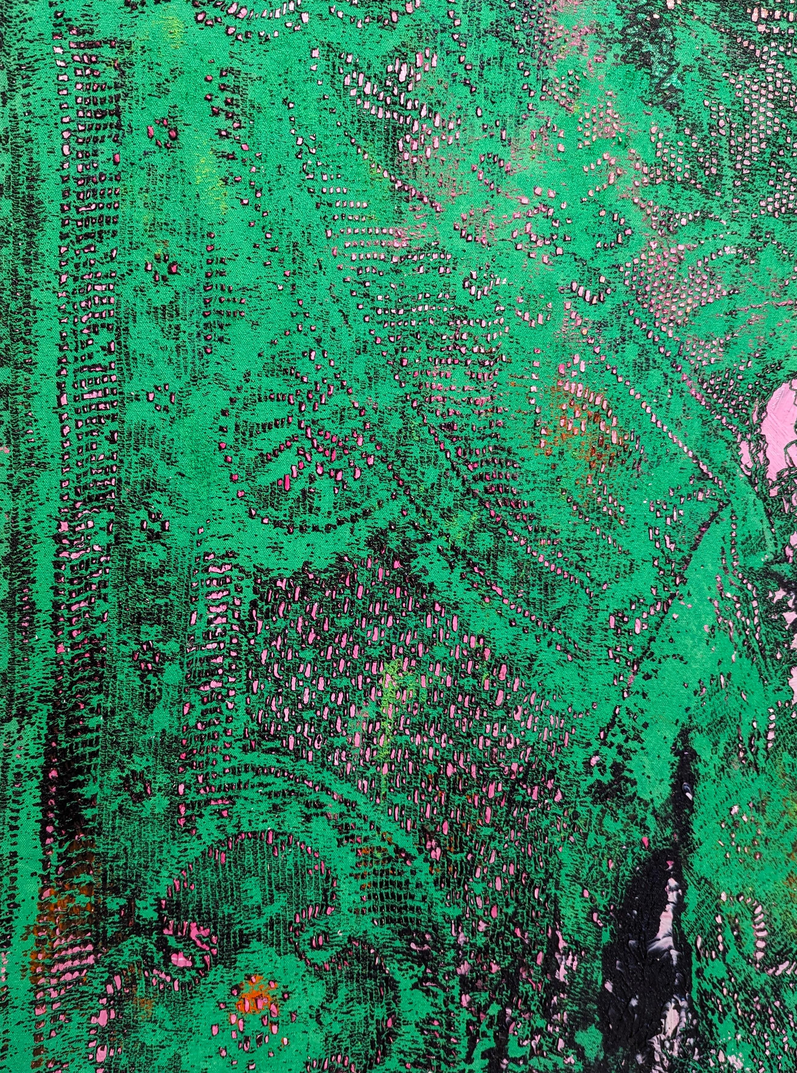 Peinture acrylique contemporaine verte et rose dans un paon unique à la texture de dentelle par l'artiste de Houston Mark Flood. À l'origine, la dentelle était un élément d'arrière-plan dans les œuvres de Flood, mais elle a fini par devenir un motif