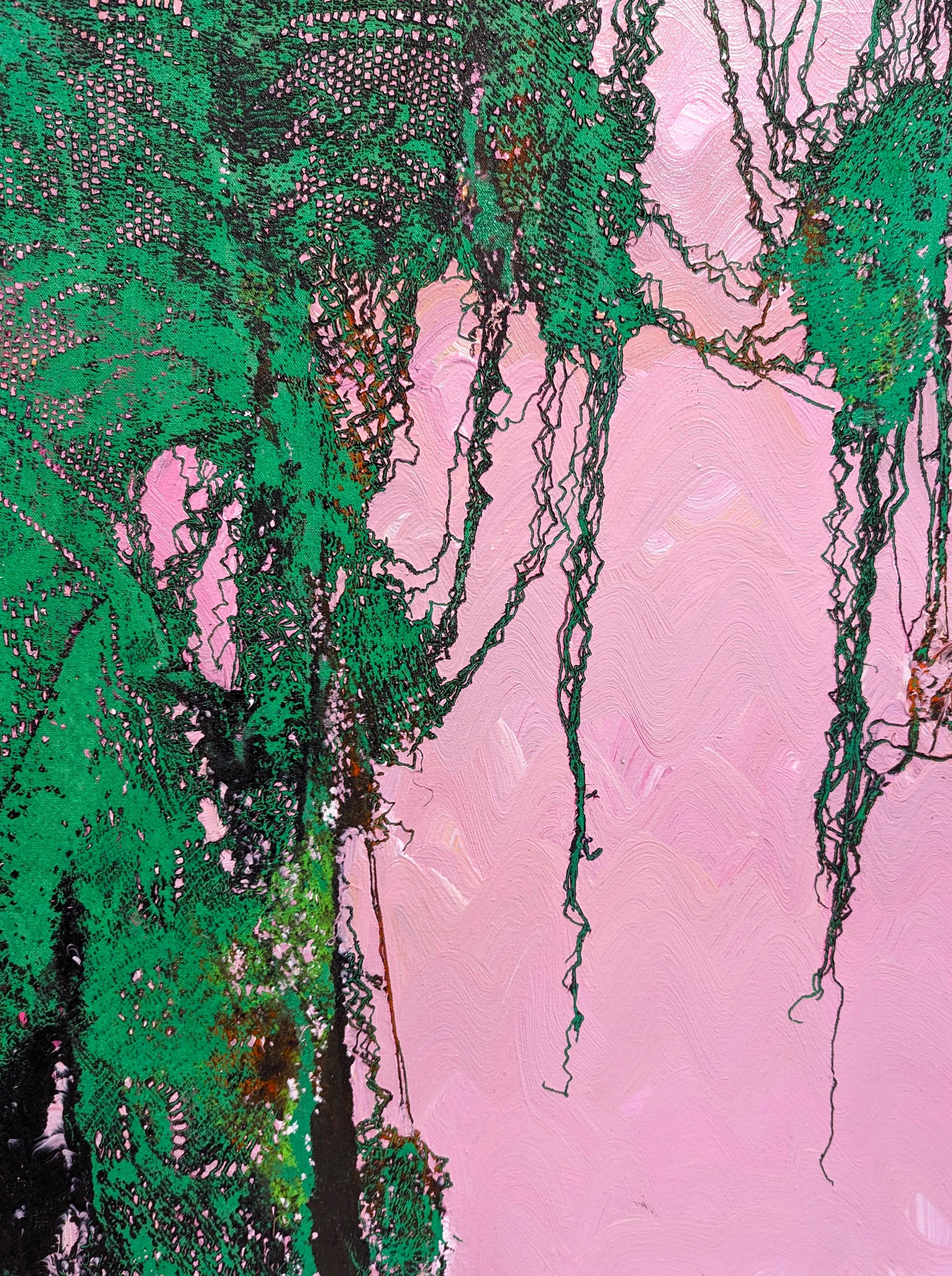 Peintures contemporaines en dentelle abstraite verte et rose, paon vert en vente 1