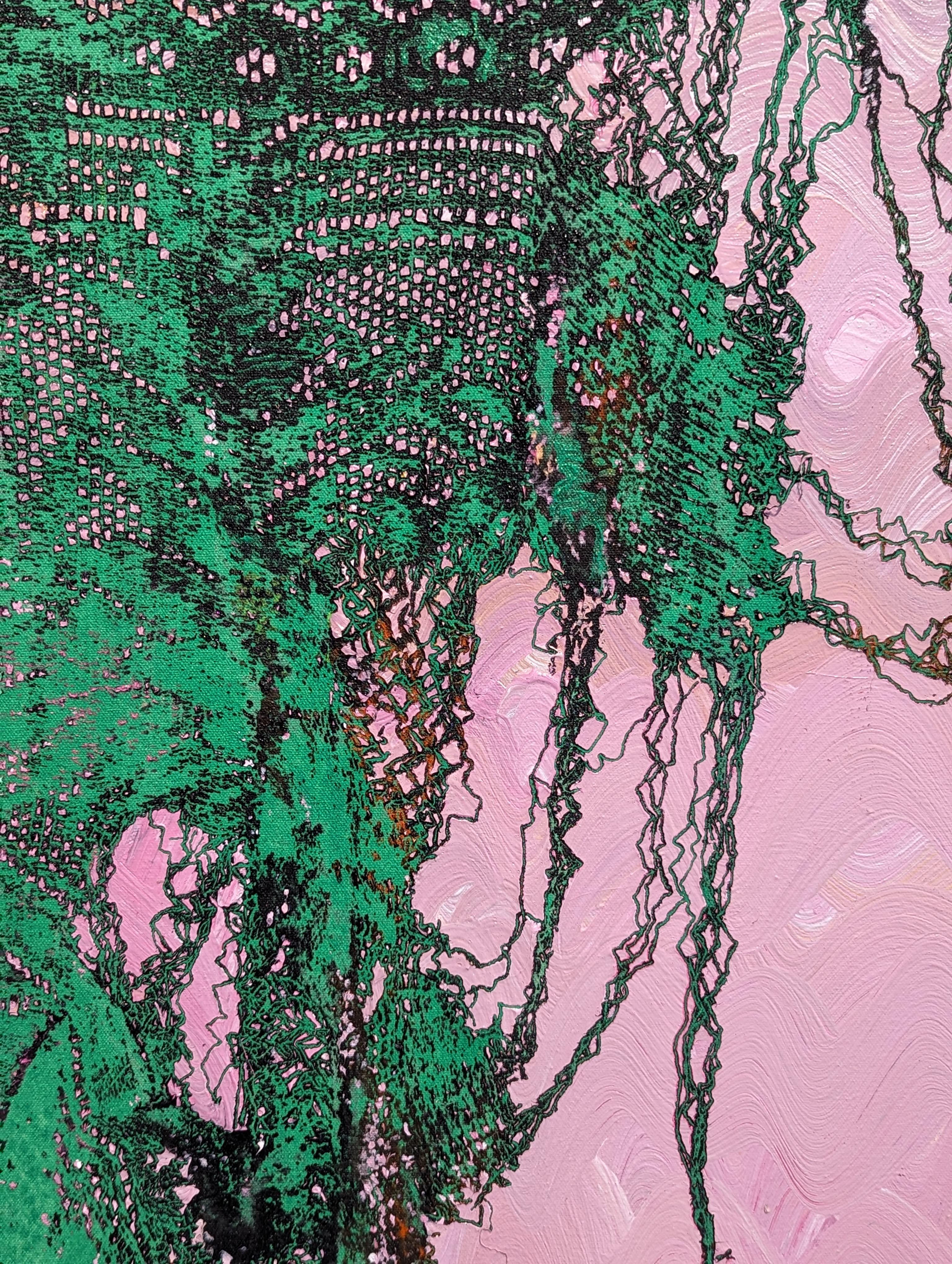 “Green Peacock” Contemporary Green & Pink Abstract Lace Painting For Sale 4