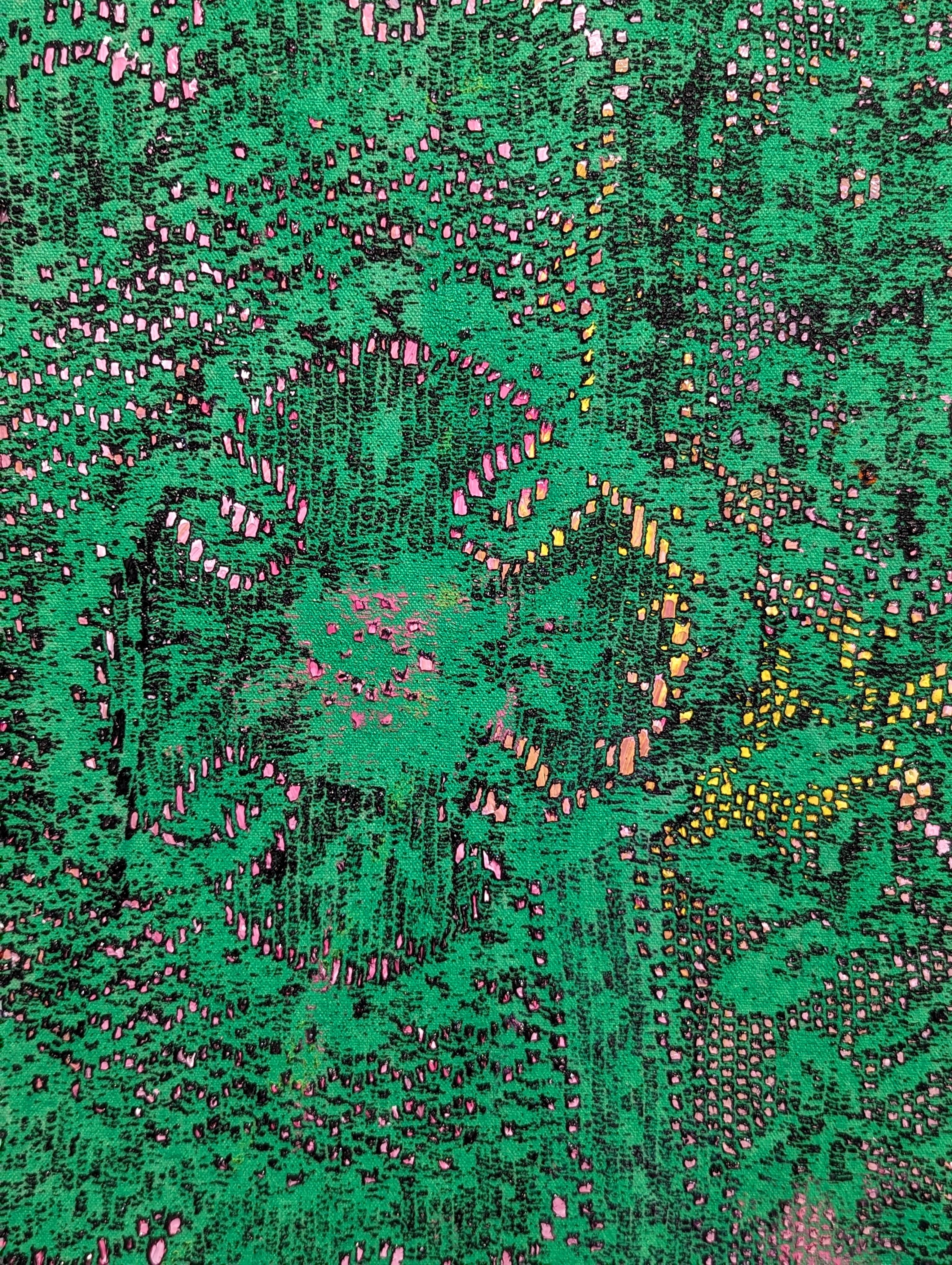 “Green Peacock” Contemporary Green & Pink Abstract Lace Painting For Sale 5