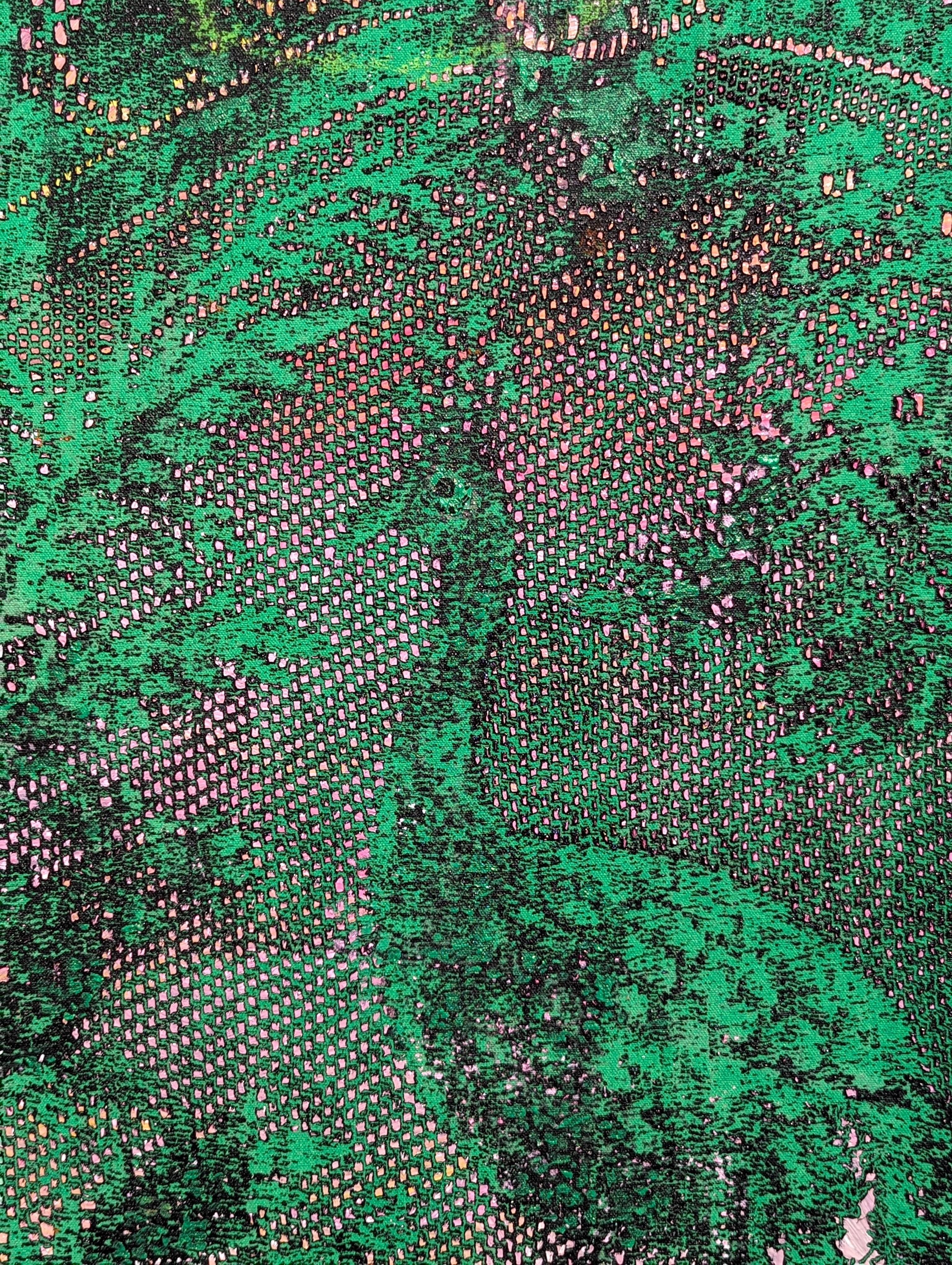 Peintures contemporaines en dentelle abstraite verte et rose, paon vert en vente 4