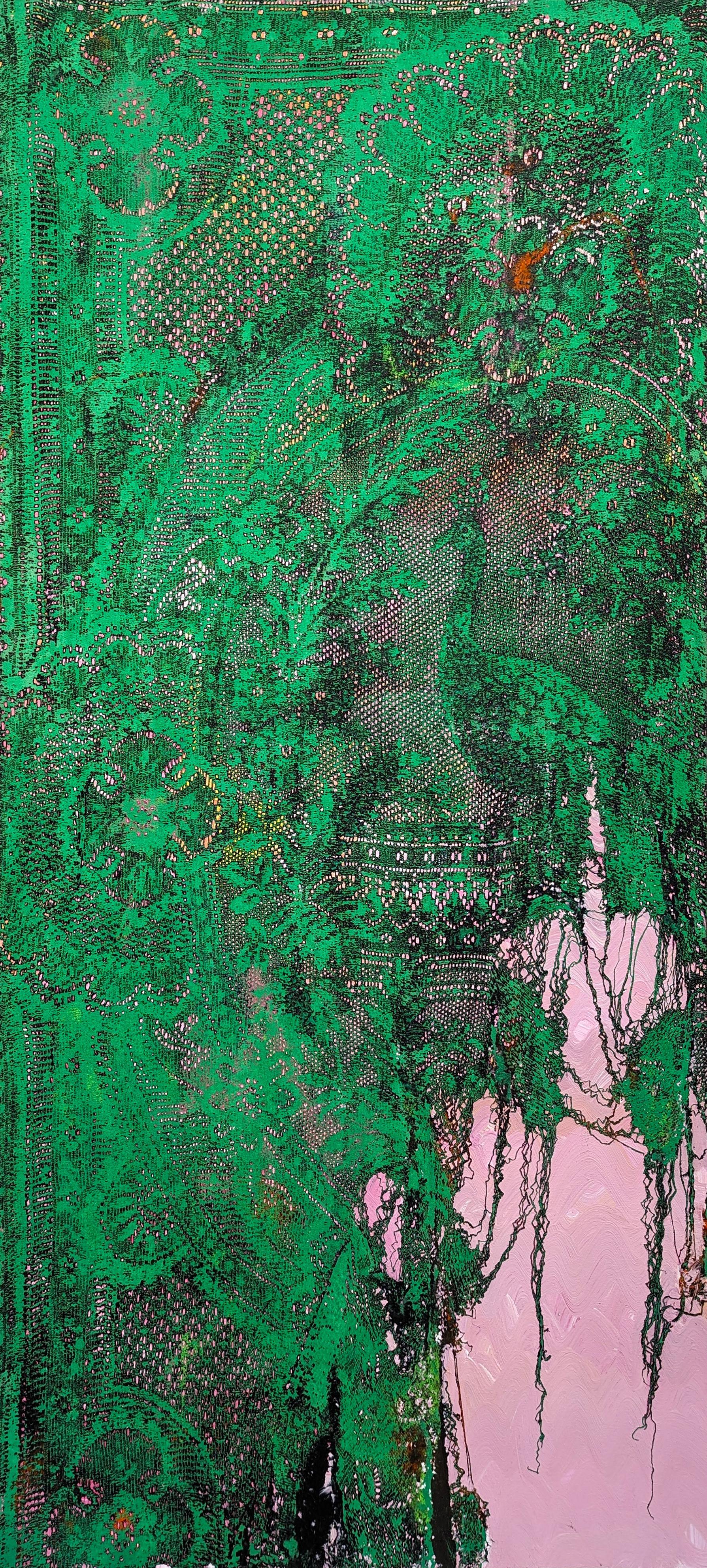 Mark Flood Abstract Painting - “Green Peacock” Contemporary Green & Pink Abstract Lace Painting