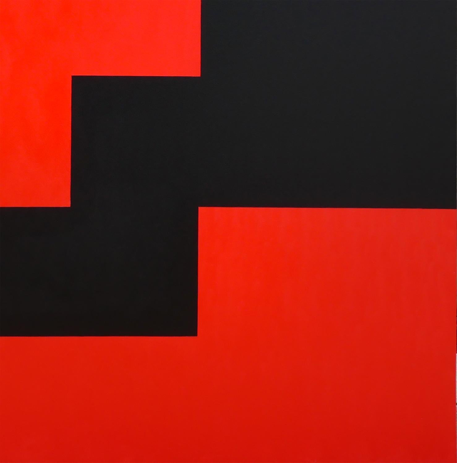 Geometric abstract contemporary acrylic painting by Houston, TX artist Mark Flood. The piece depicts geometric blocks of shapes in a striking red-and-black contrast.  The artist signed the piece on the back of the canvas. 

Artist Biography: Mark