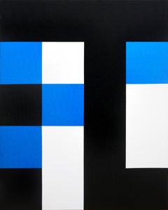 Blaues, schwarzes und weißes geometrisches abstraktes Gemälde „Maybe Blue“