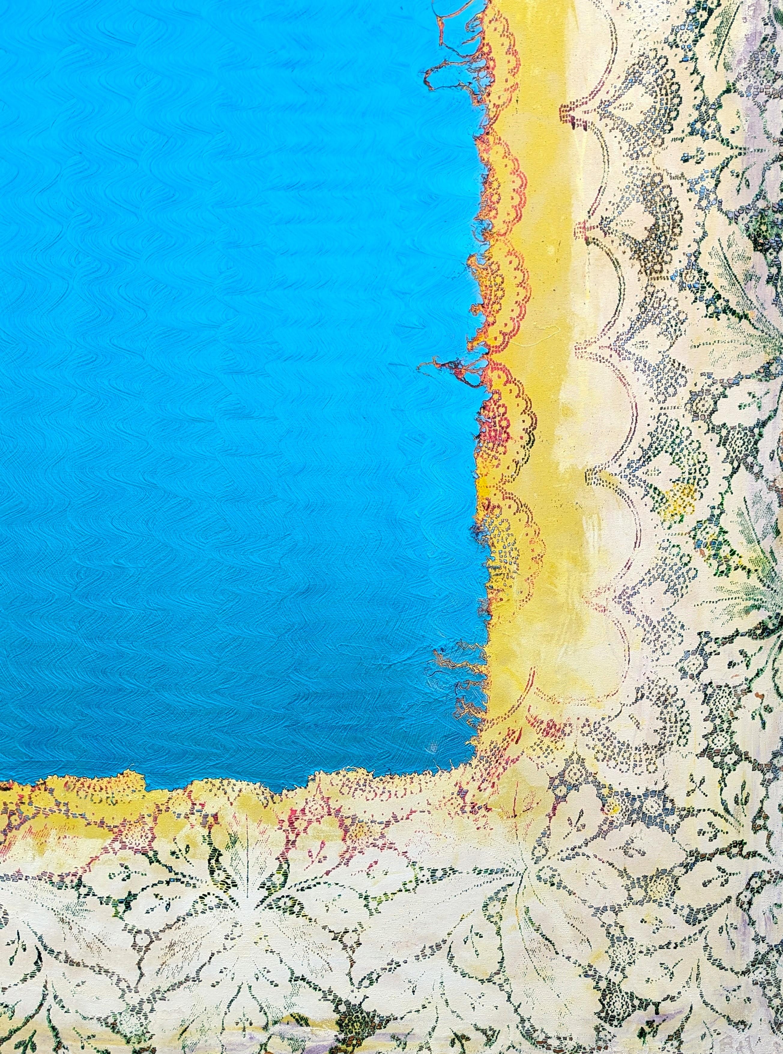 Quadro contemporaneo in acrilico blu, giallo e bianco che utilizza una texture unica di pizzo per creare un paesaggio dell'artista di Houston Mark Flood. Inizialmente elemento di sfondo nelle opere di Flood, il pizzo si è poi evoluto in un motivo