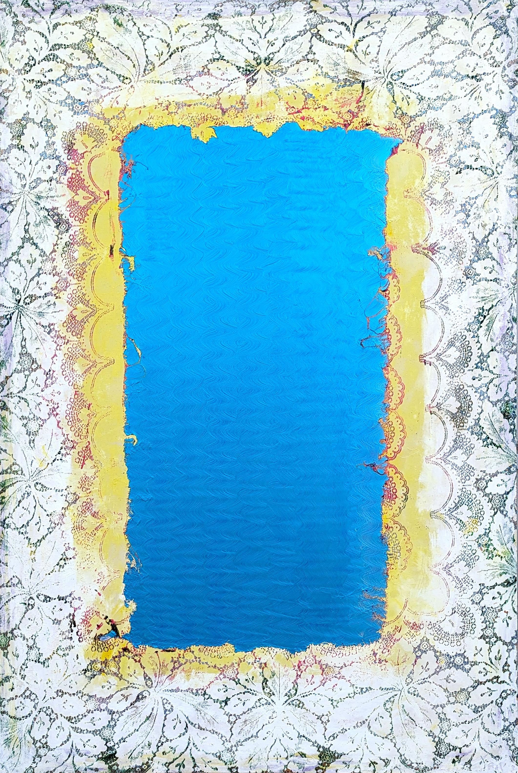Abstract Painting di Mark Flood - "Promemoria Peyote" Quadro astratto contemporaneo in pizzo blu, giallo e bianco