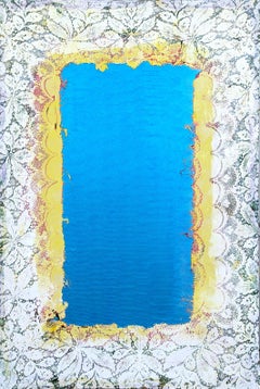 "Peyote Reminder" Contemporary Abstract Blue, Yellow, and White Lace Painting