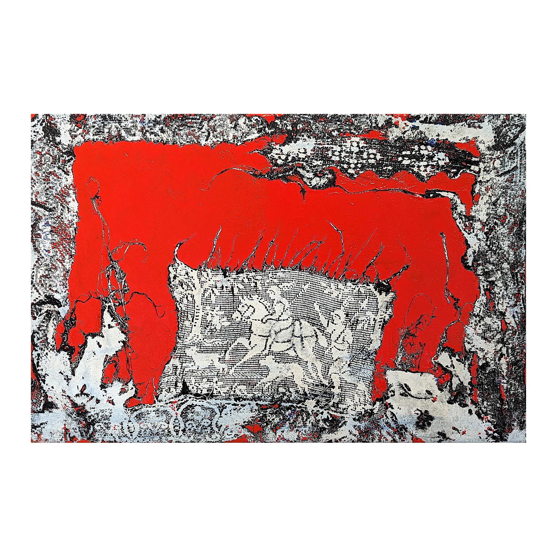 Contemporary red acrylic painting in a unique lace textured landscape by Houston artist Mark Flood. Originally a background element in Flood's pieces, lace eventually evolved into a main motif in his body of work. The piece is signed, titled, and