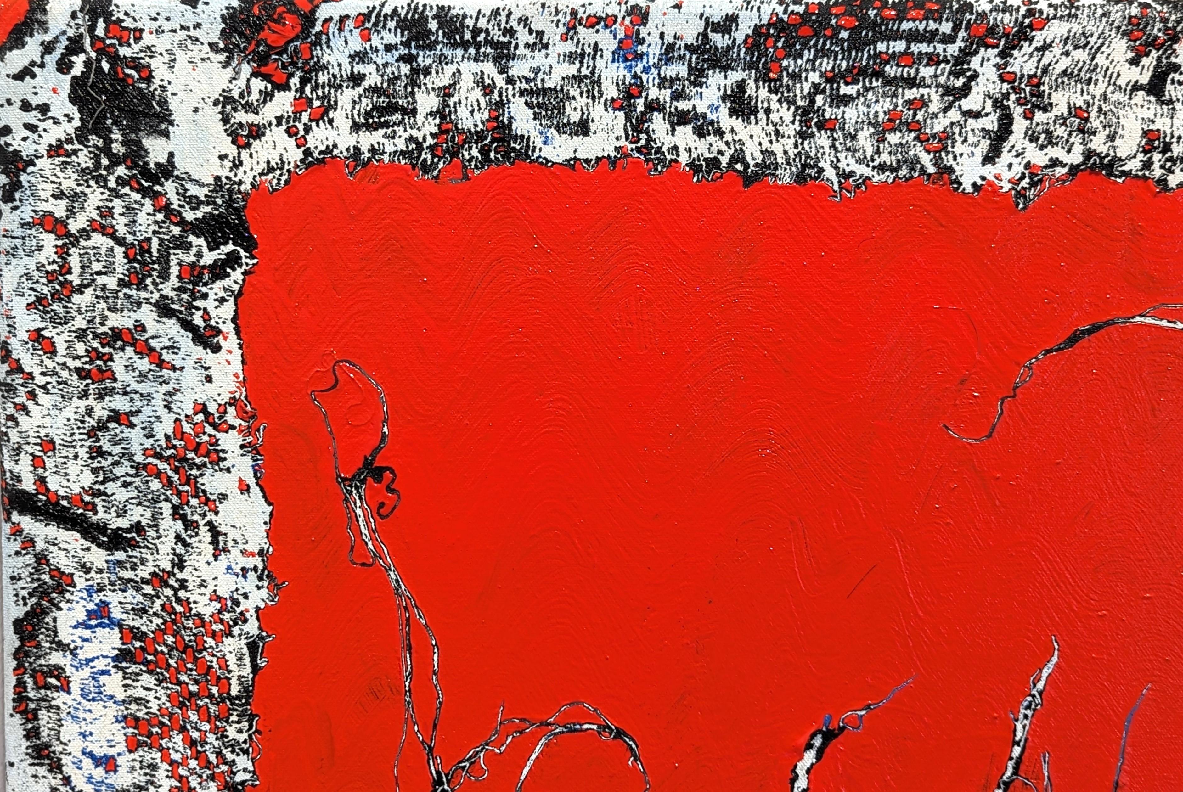 “Red Hunt” Contemporary Red, Black, & White Abstract Lace Painting For Sale 1