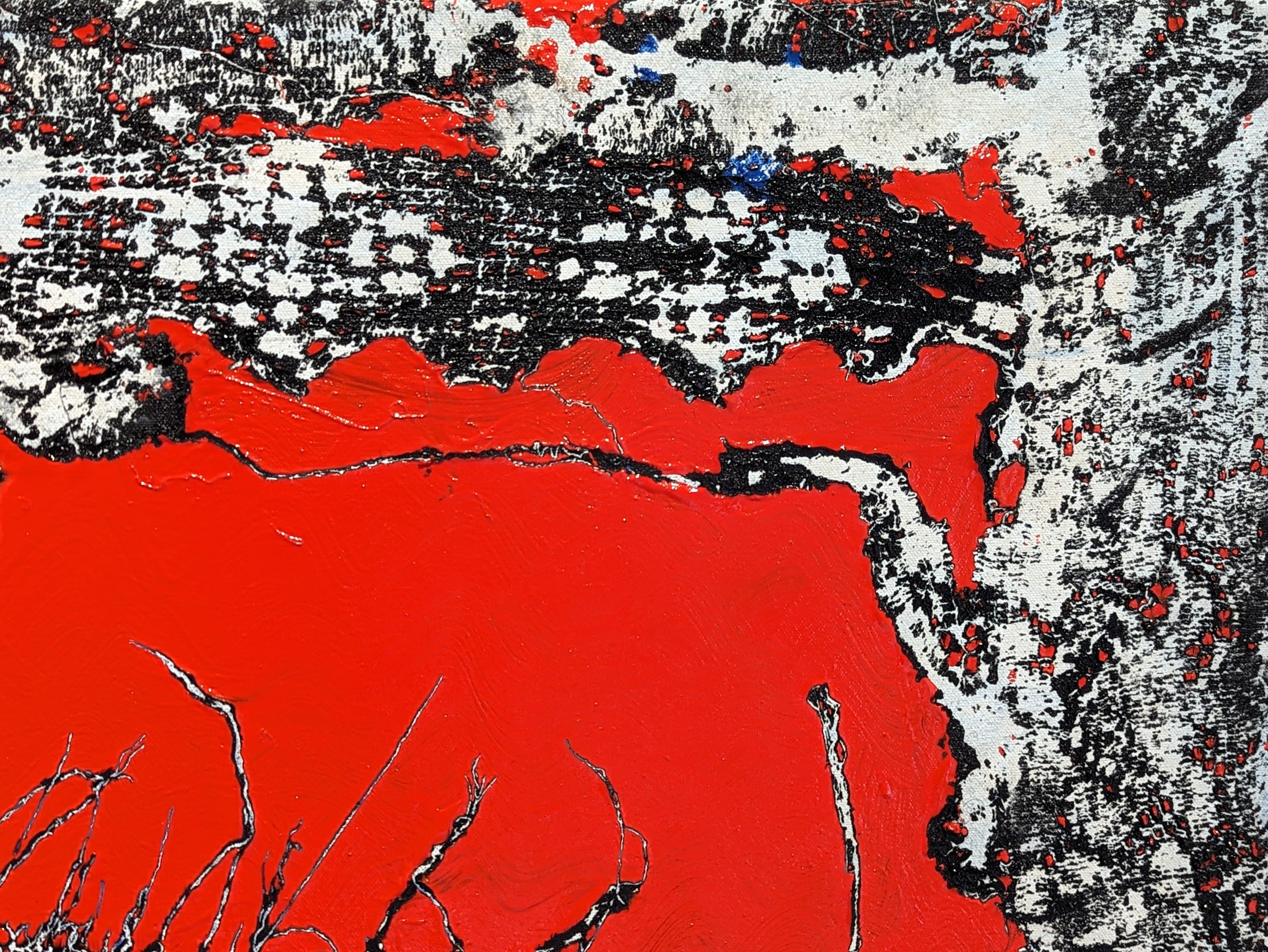 “Red Hunt” Contemporary Red, Black, & White Abstract Lace Painting For Sale 2