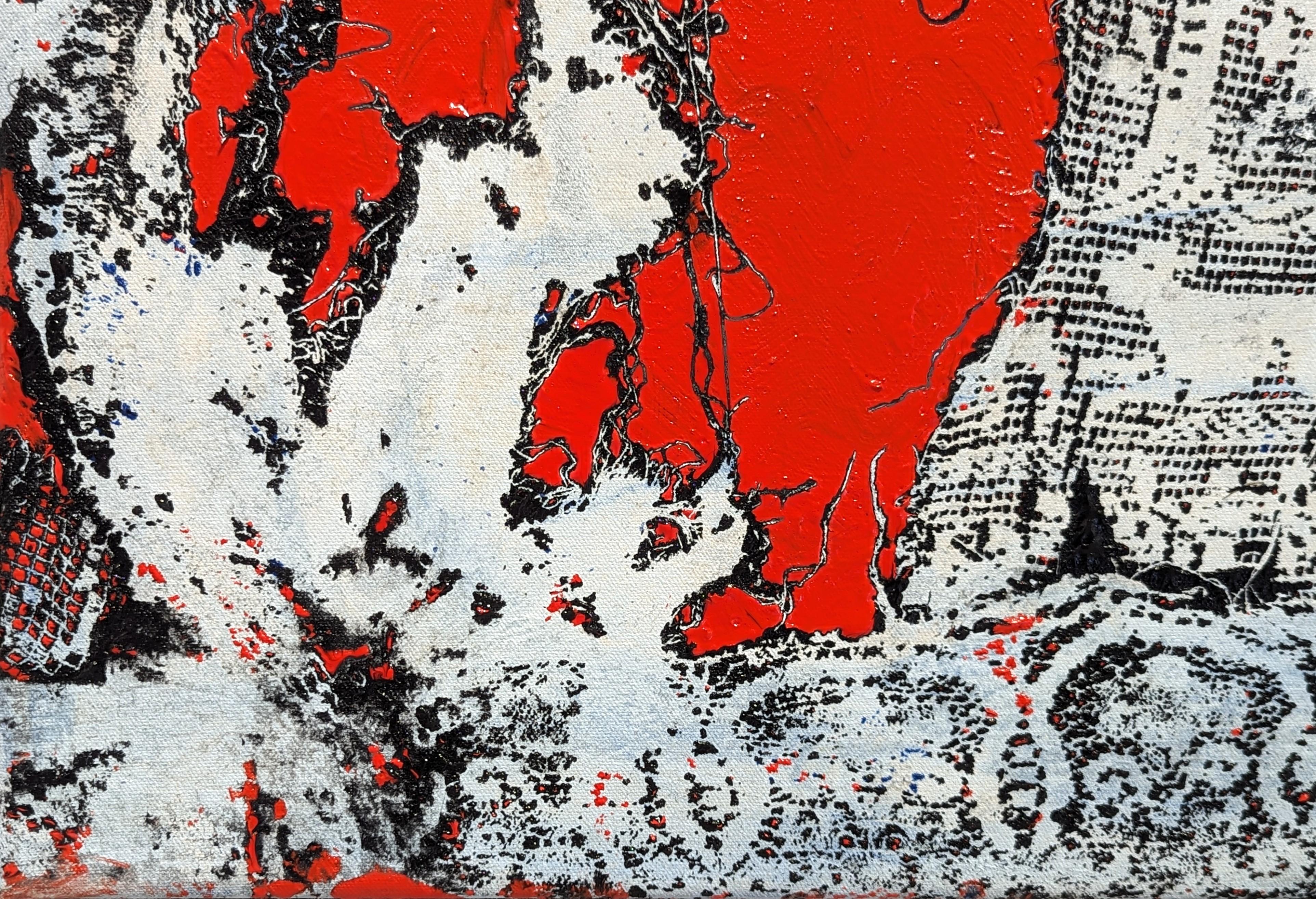 Peinture acrylique rouge contemporaine dans un paysage unique à la texture de dentelle par l'artiste de Houston Mark Flood. À l'origine, la dentelle était un élément d'arrière-plan dans les œuvres de Flood, mais elle a fini par devenir un motif