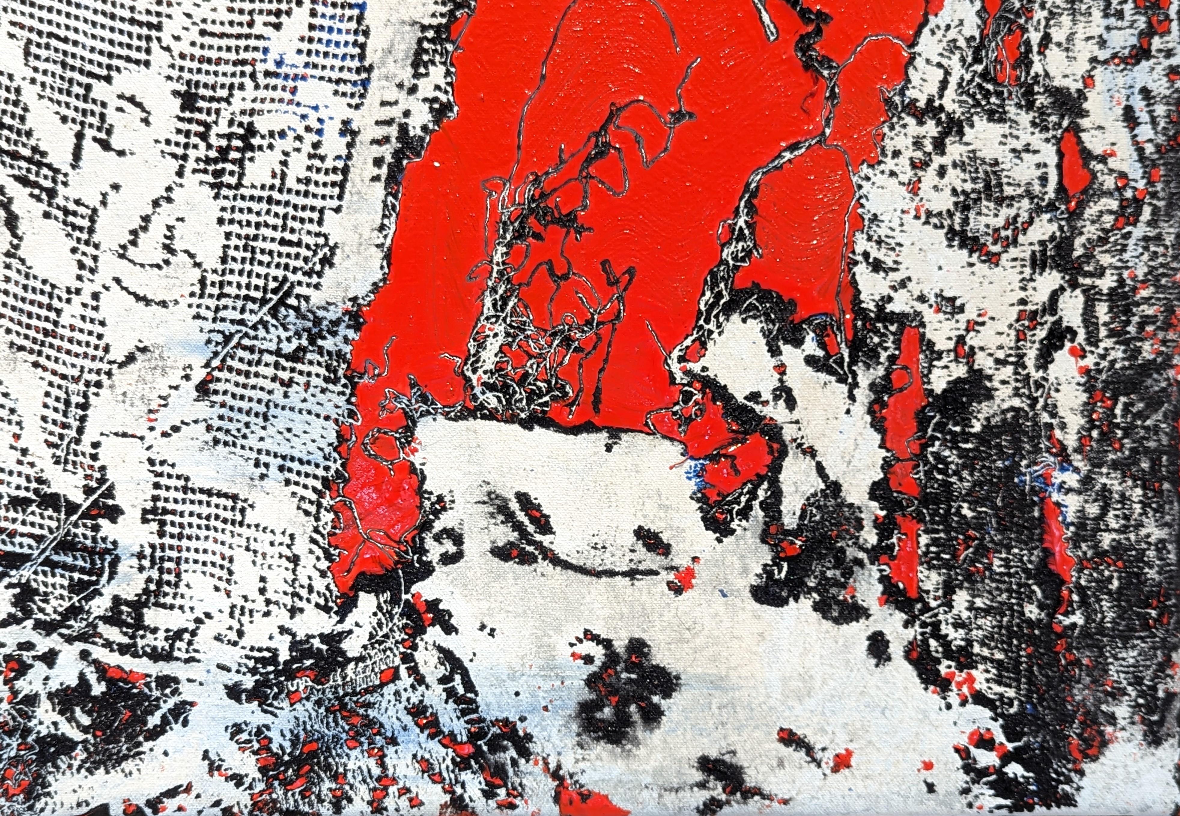“Red Hunt” Contemporary Red, Black, & White Abstract Lace Painting For Sale 4