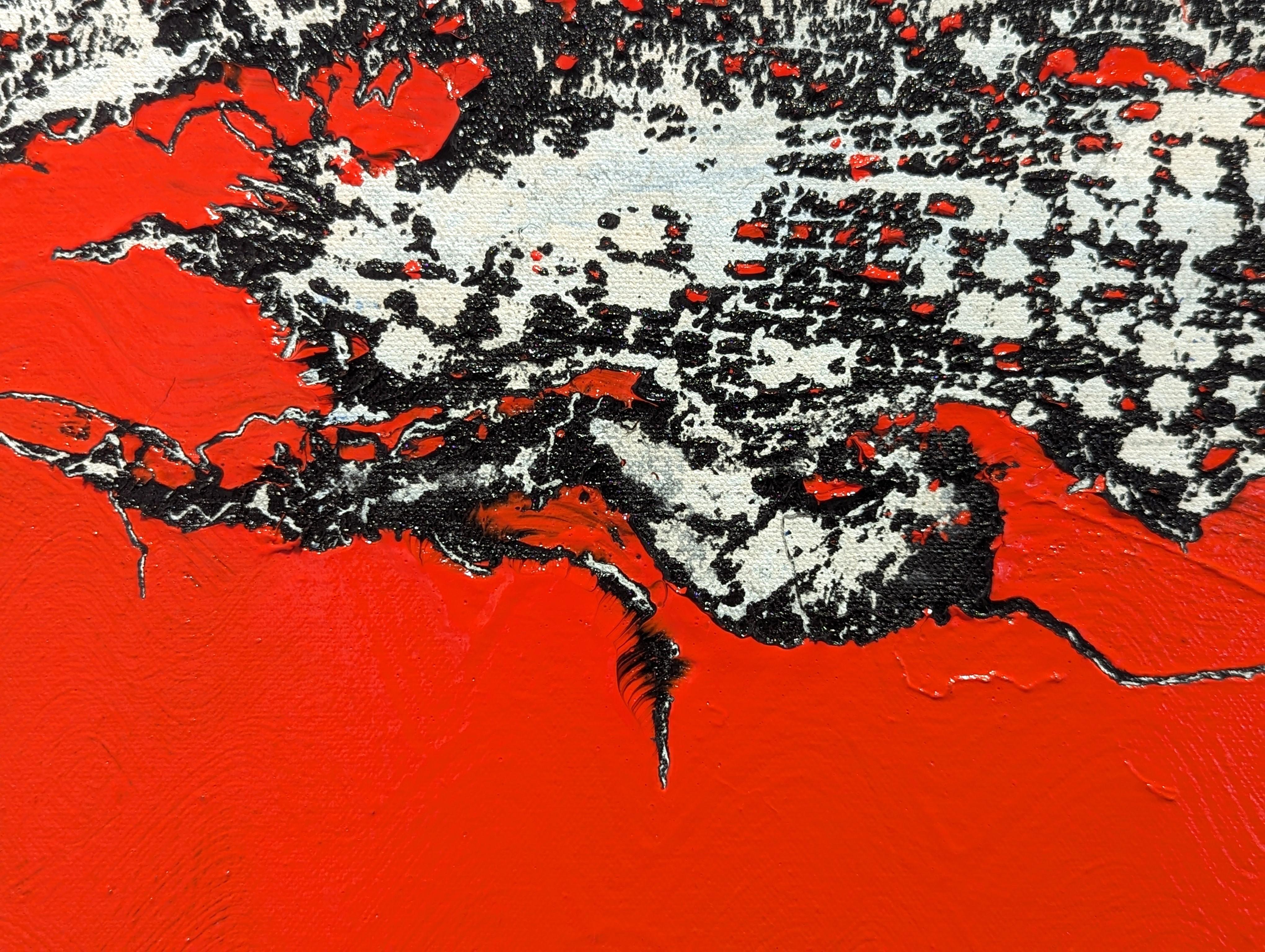 “Red Hunt” Contemporary Red, Black, & White Abstract Lace Painting For Sale 6