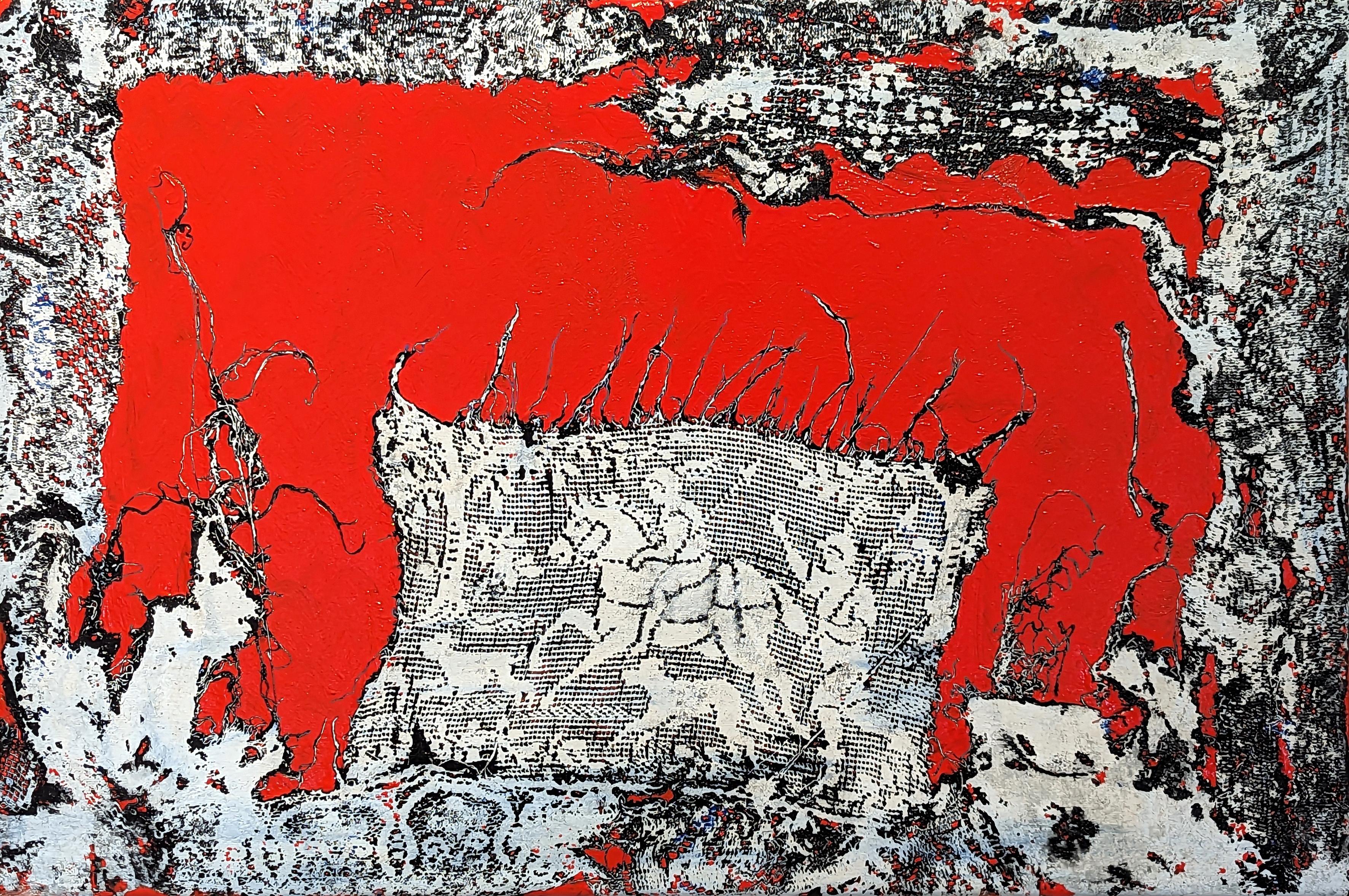 Mark Flood Abstract Painting - “Red Hunt” Contemporary Red, Black, & White Abstract Lace Painting