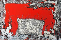 “Red Hunt” Contemporary Red, Black, & White Abstract Lace Painting