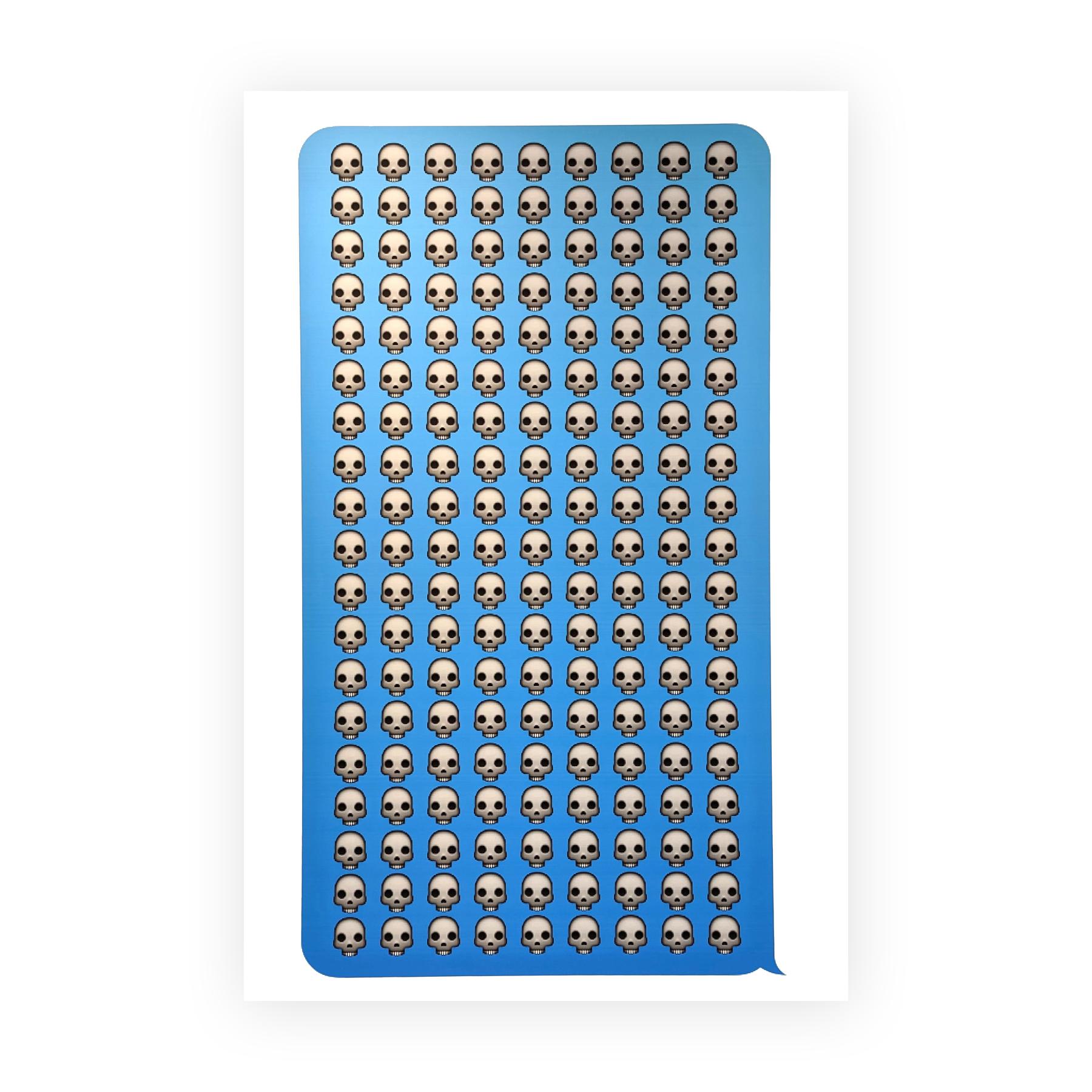 Contemporary abstract archival ink print on canvas by Houston, TX artist Mark Flood. The piece depicts a text block with 171 skull emojis. The artist signed the piece on the back of the canvas. 

Artist Biography: Mark Flood is a contemporary