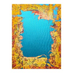 "La spedizione" Quadro astratto contemporaneo di grandi dimensioni con pizzi blu e gialli