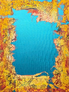 "The Expedition" Contemporary Abstract Large Blue and Yellow Lace Painting