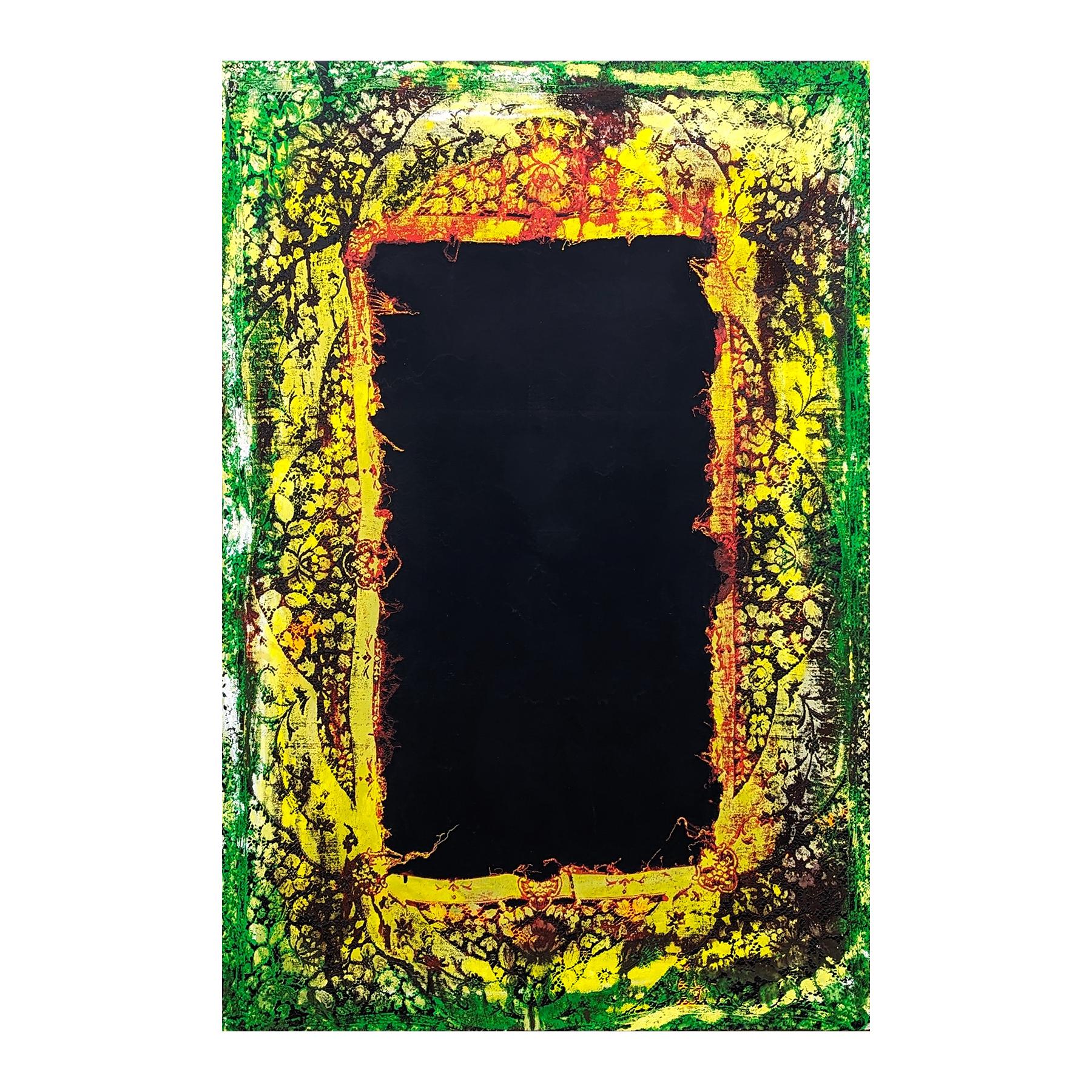 Contemporary green, yellow, and black acrylic painting that utilizes a unique lace texture to create a landscape by Houston artist Mark Flood. Originally a background element in Flood's pieces, lace eventually evolved into a main motif in his body