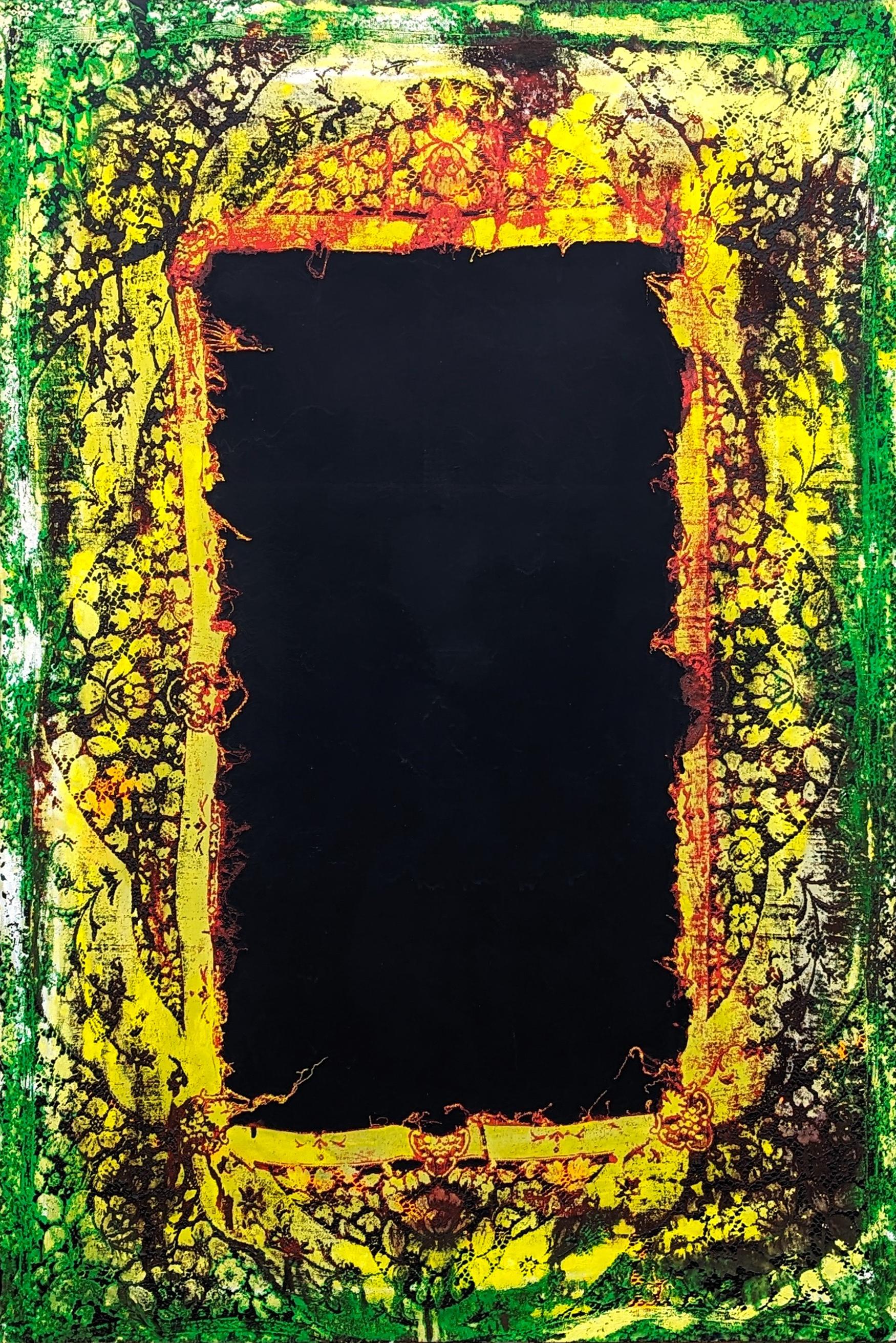 Mark Flood Abstract Painting - "The Rabbit Hole" Contemporary Abstract Green, Yellow, and Black Lace Painting