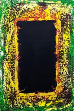 "The Rabbit Hole" Peinture abstraite contemporaine en dentelle verte, jaune et noire
