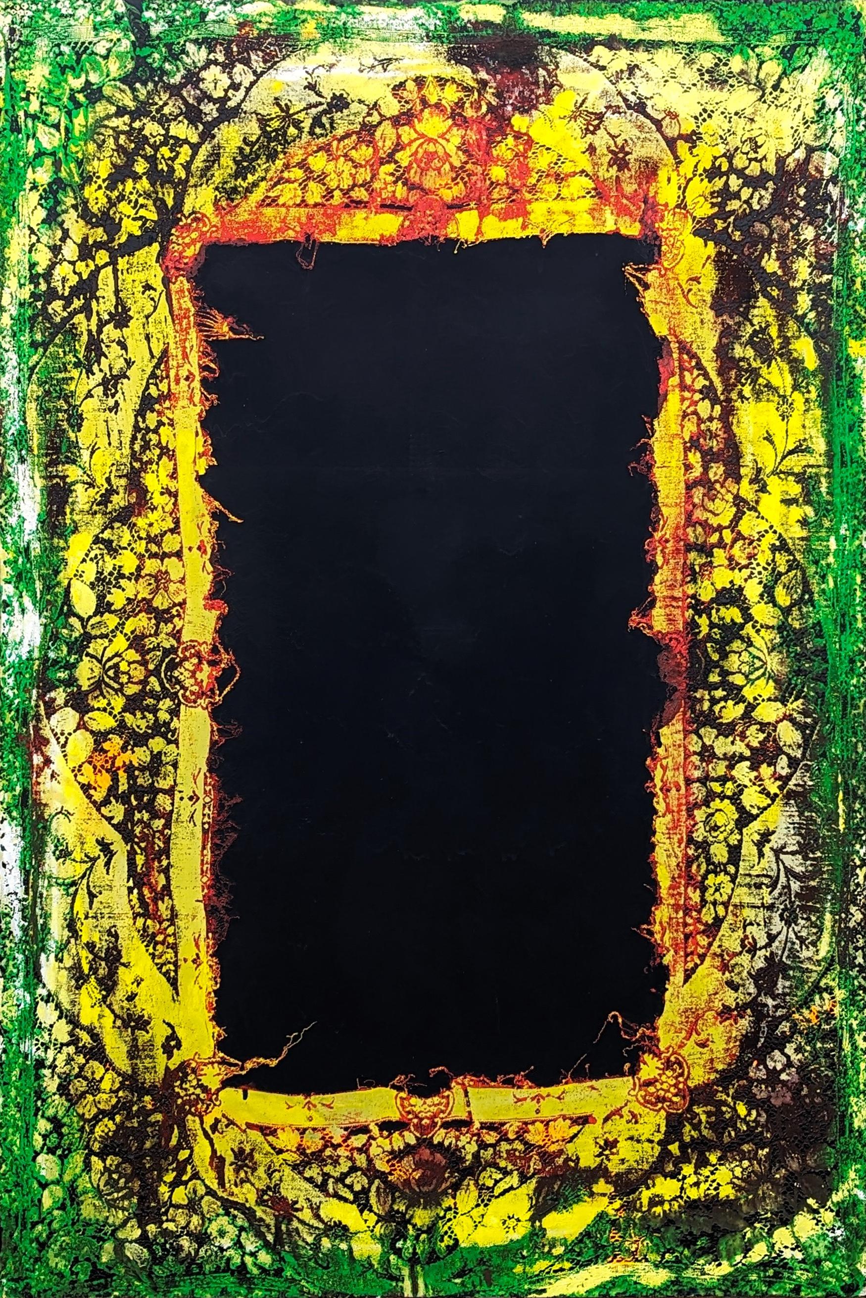 Mark Flood Landscape Painting - "The Rabbit Hole" Contemporary Abstract Green, Yellow, and Black Lace Painting