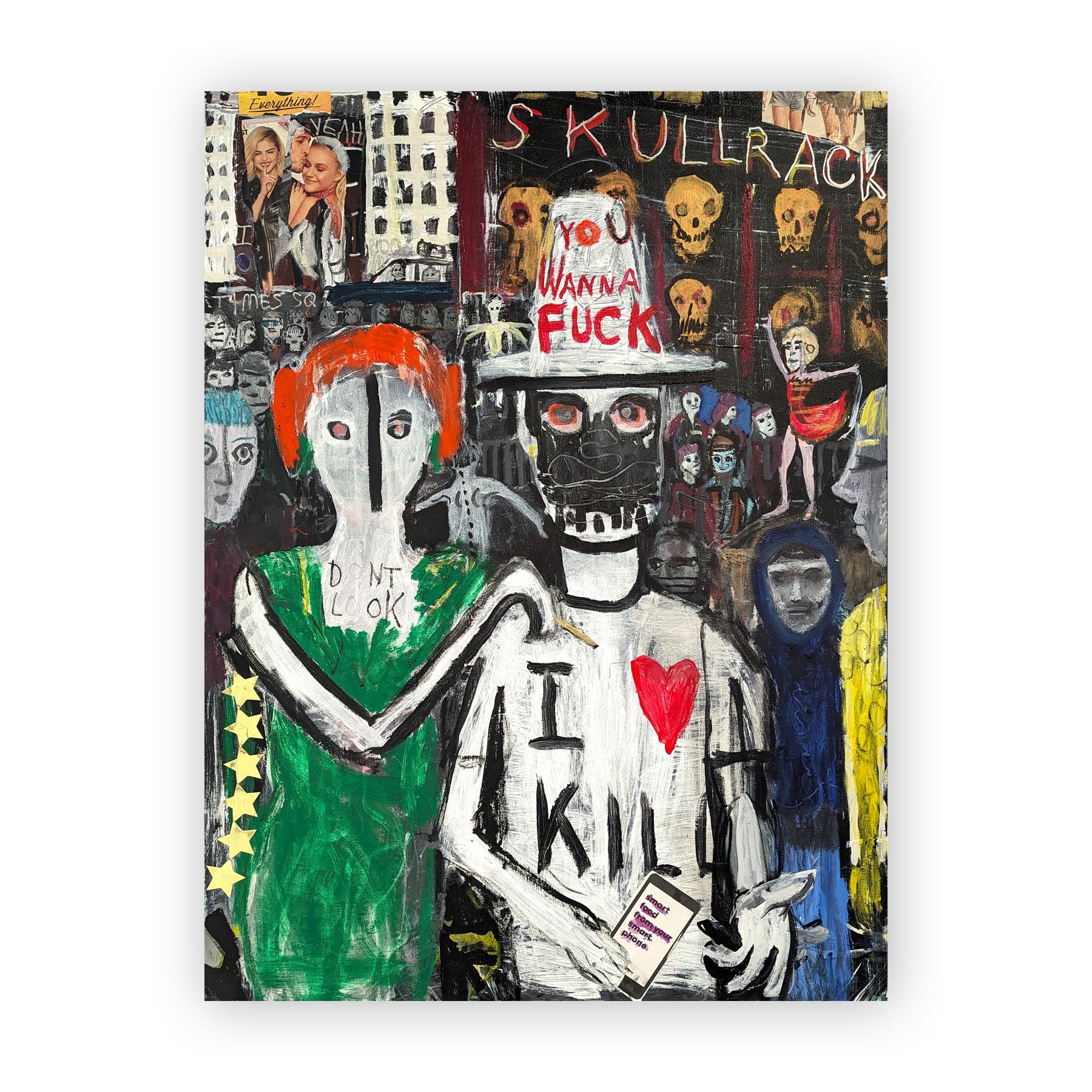 Abstract contemporary figurative painting by Houston, TX artist Mark Flood. The piece depicts two abstract figures of a woman and a man against a dark, grungy background with figures and skulls. The artist signed the piece on the back of the canvas.