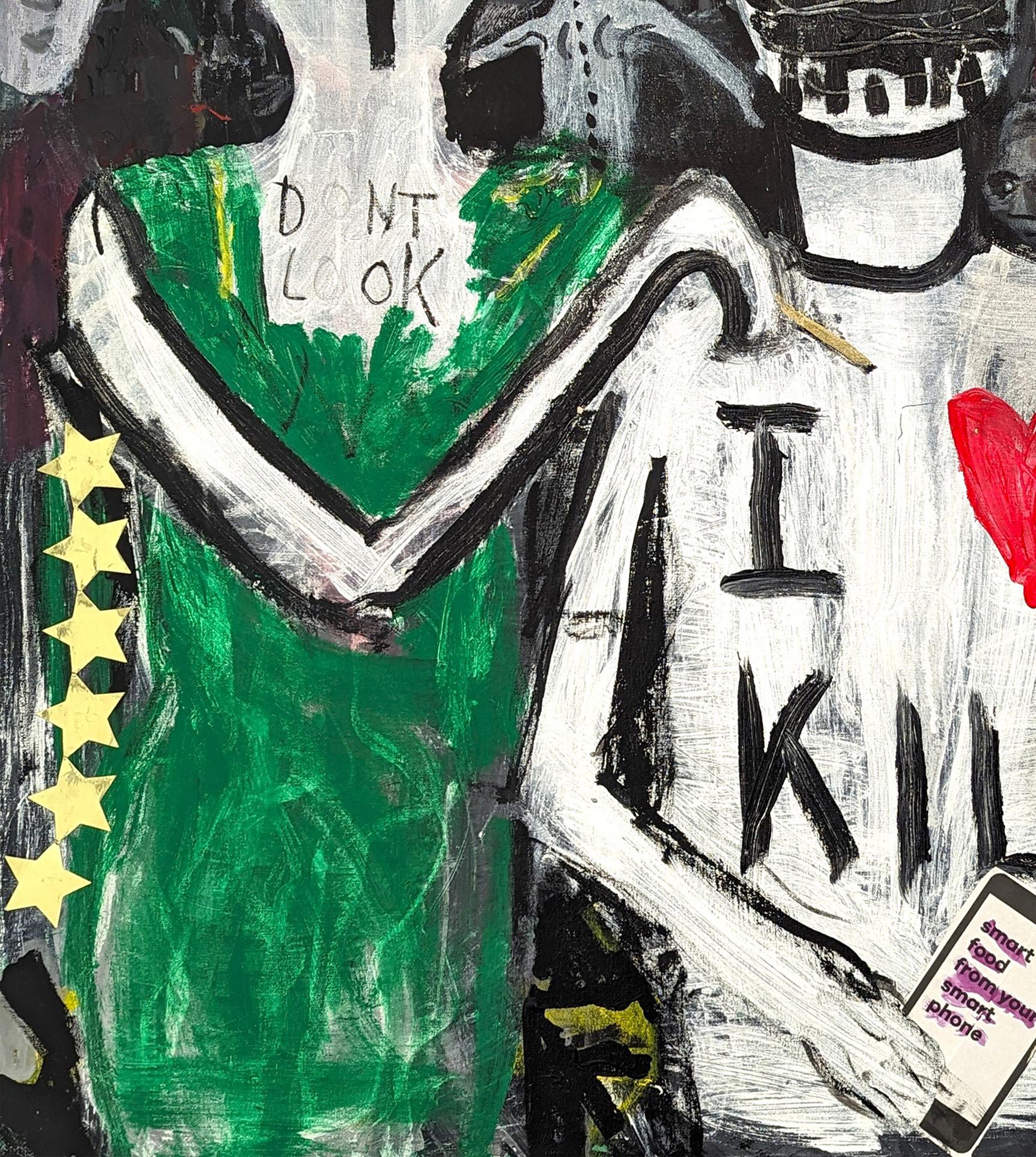 Pittura figurativa astratta contemporanea dell'artista di Houston, TX, Mark Flood. L'opera raffigura due figure astratte di una donna e di un uomo su uno sfondo scuro e macilento con figure e teschi. L'artista ha firmato il pezzo sul retro della