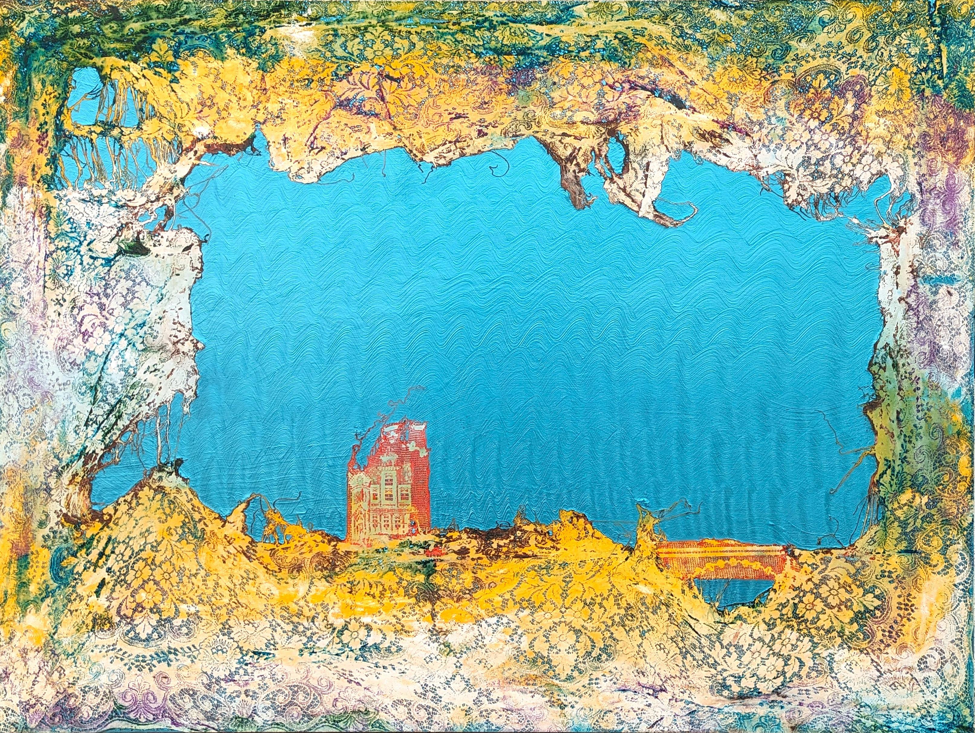 Mark Flood Landscape Painting – "Udolpho" Contemporary Abstract Teal, Yellow, and Green Lace Painting