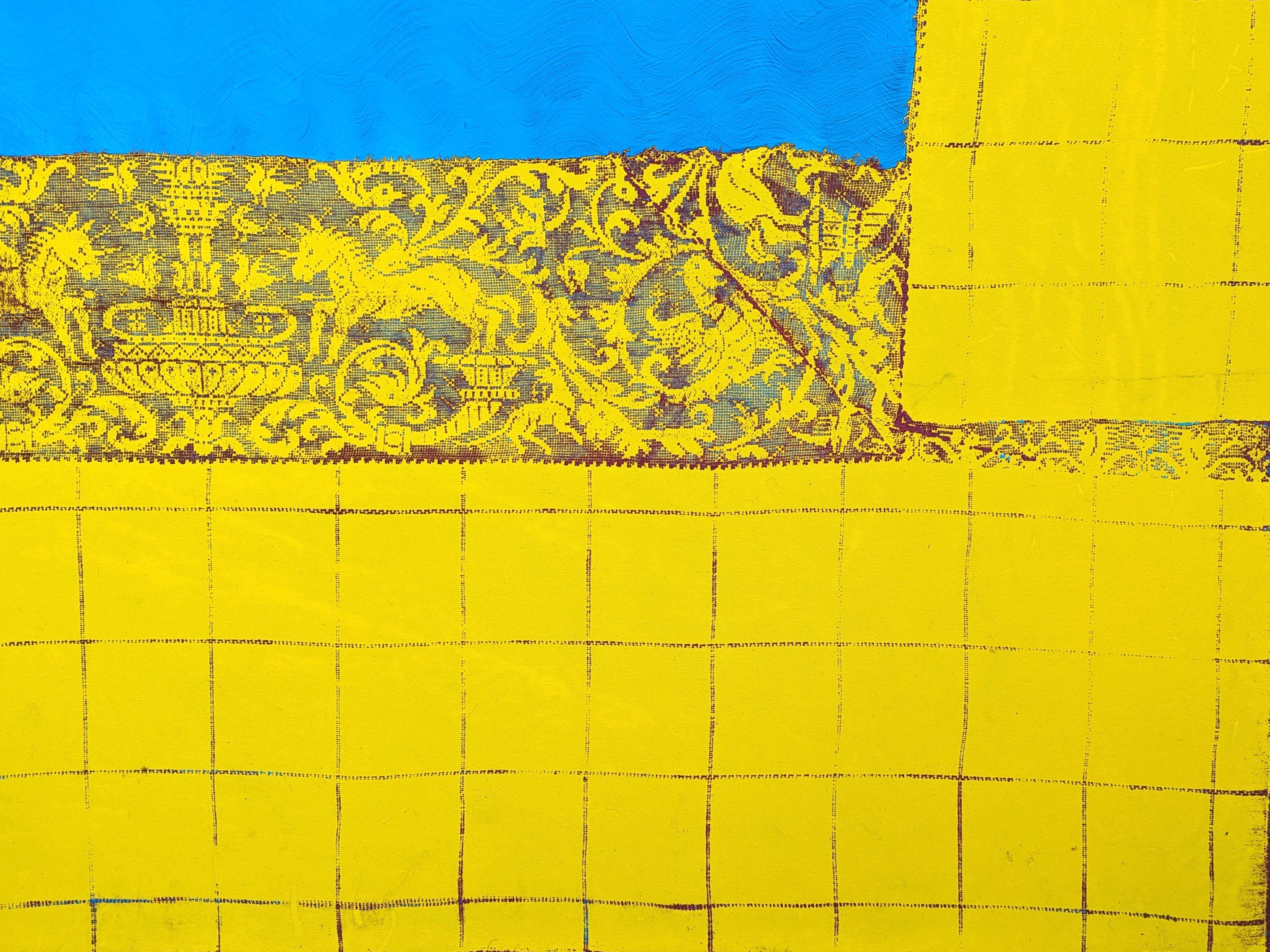 Quadro acrilico contemporaneo di colore giallo e blu brillante che utilizza una texture di pizzo unica per creare un paesaggio dell'artista di Houston Mark Flood. Inizialmente elemento di sfondo nelle opere di Flood, il pizzo si è poi evoluto in un
