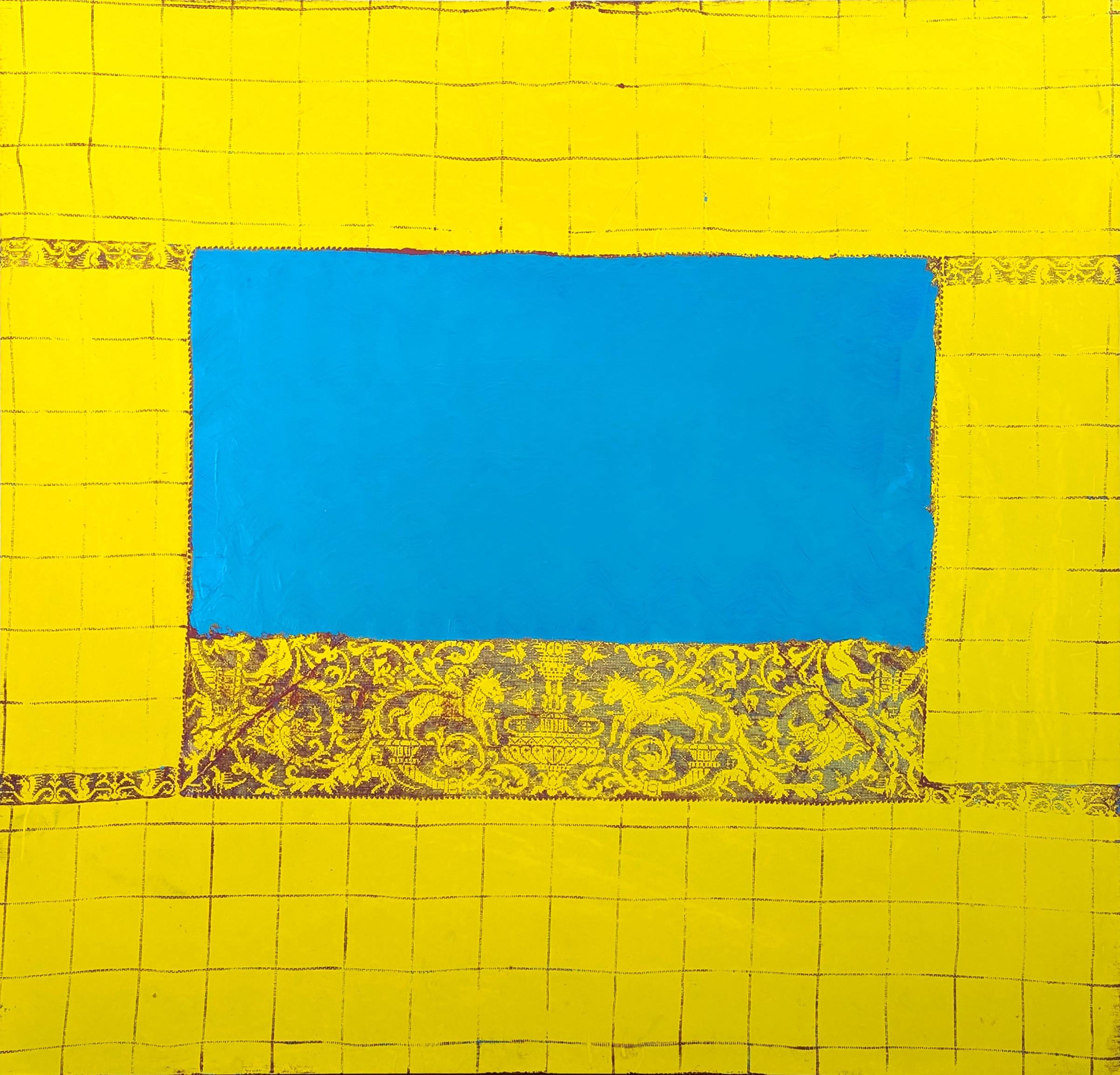 Landscape Painting di Mark Flood - "Piscina di unicorni" Quadro astratto contemporaneo di grandi dimensioni con pizzi gialli e blu