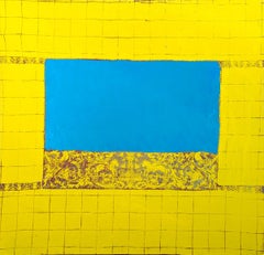 "Piscina di unicorni" Quadro astratto contemporaneo di grandi dimensioni con pizzi gialli e blu
