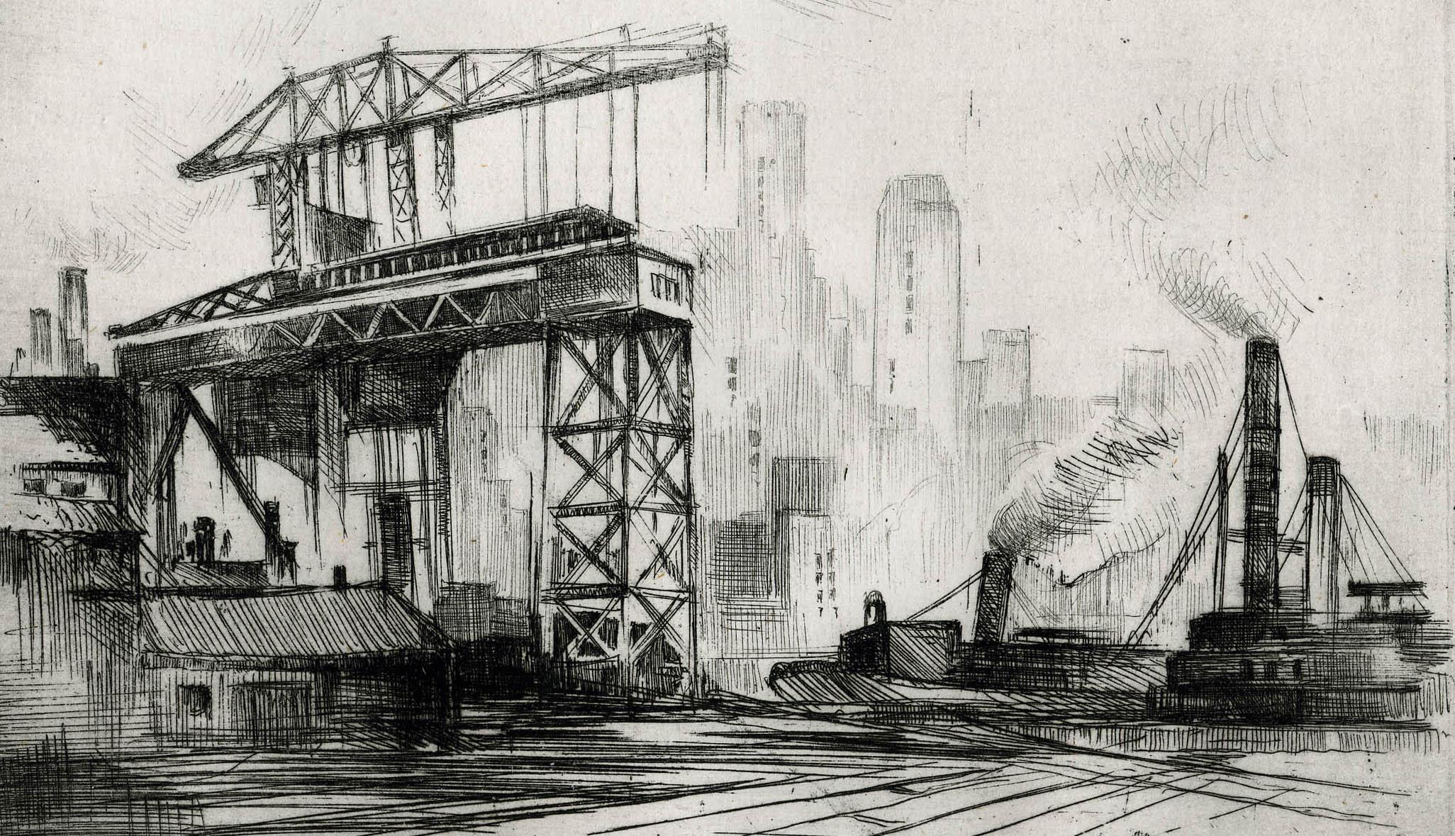 East River View of N.Y.
Etching, 1934
Signed, dated and titled in pencil by the artist 
From a very small edition.
Brilliant impression
Condition: Excellent
Image/Plate size: 5-1/8 x 7-1/8