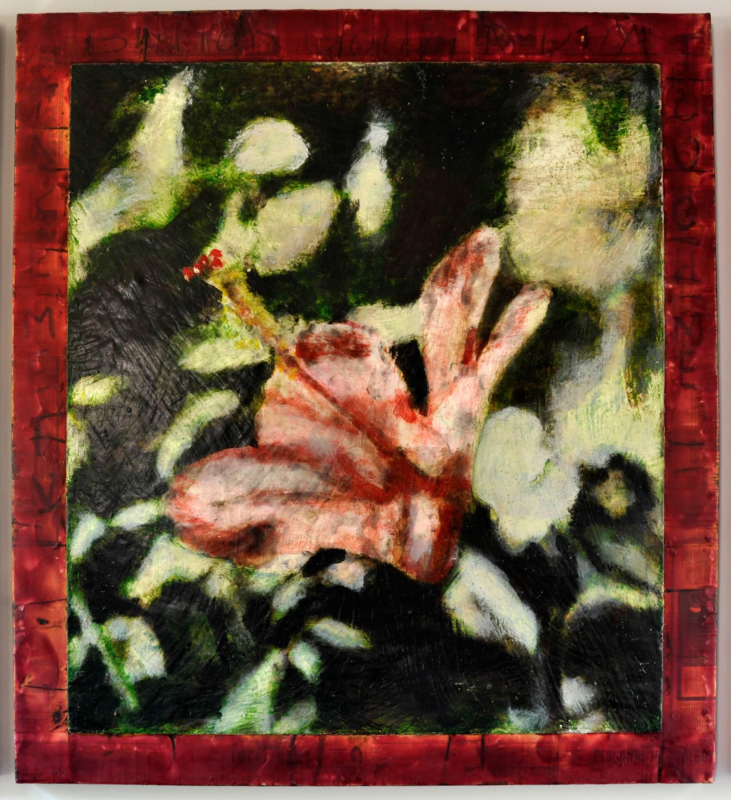"Hibiscus II" - Vertical flower painting, oil and encaustic on canvas.