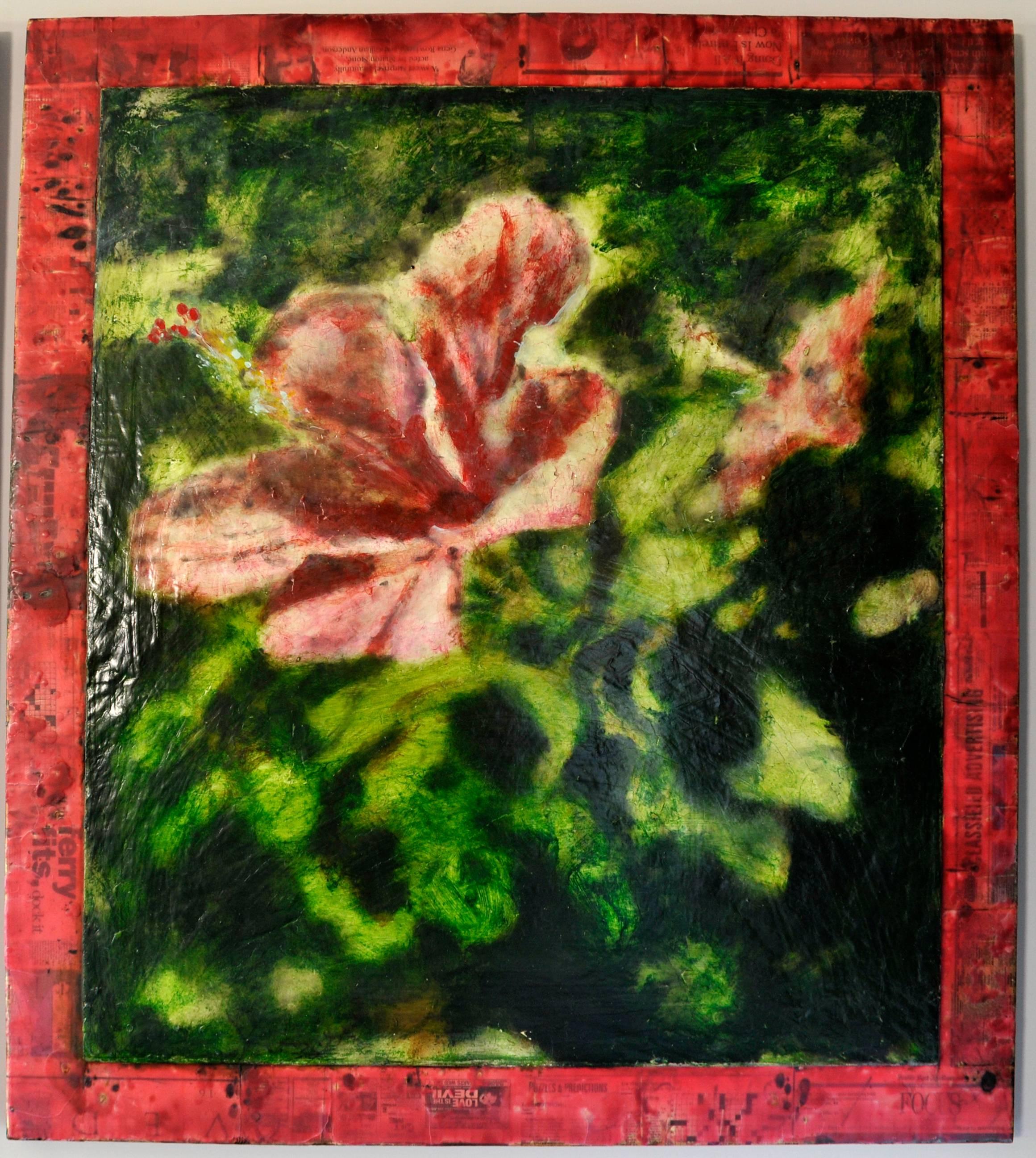 Hibiscus III, flowers, oil and encaustic on canvas